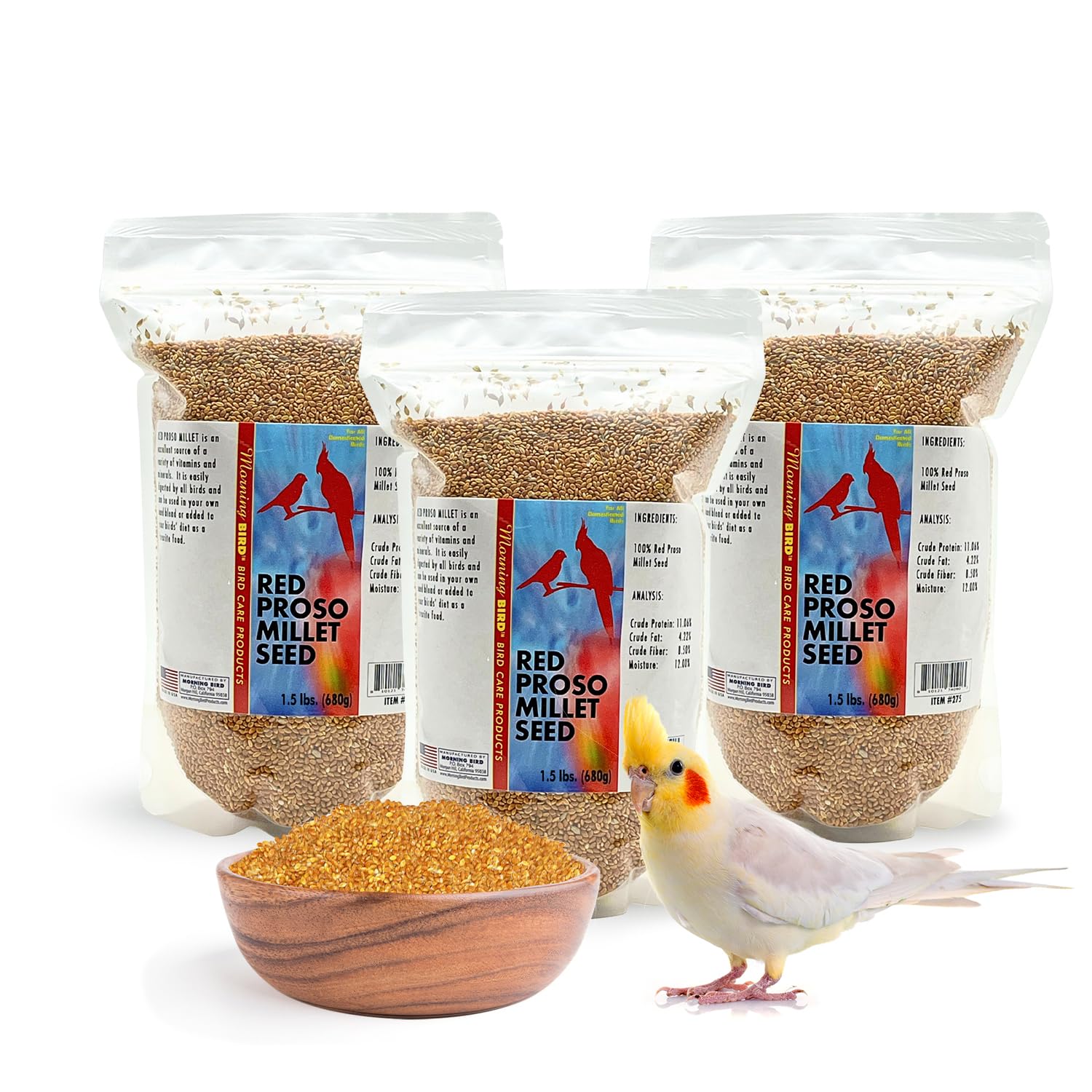 Morning Bird Red Proso Millet Bird Seeds 4.5 lbs (3-Pack, 1.5 lbs Each) – Healthy & Nutritious Pet Bird Food - Bird Seeds for Feather Growth – Perfect for Finches, Parakeets & Other All Pet Birds