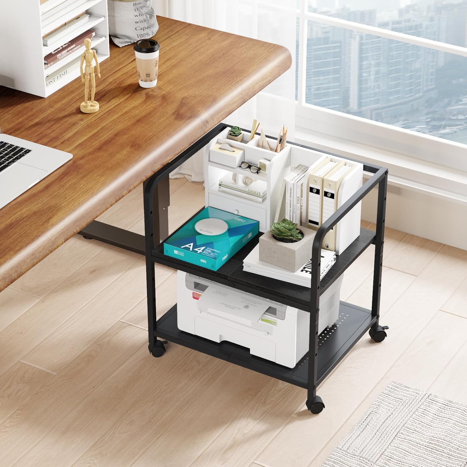 21"x15.8" Large Printer Stand with Storage, 2-Tier Under Desk Printer Table, Rolling Printer Cart with Lockable Wheels for Home, Office (Black)