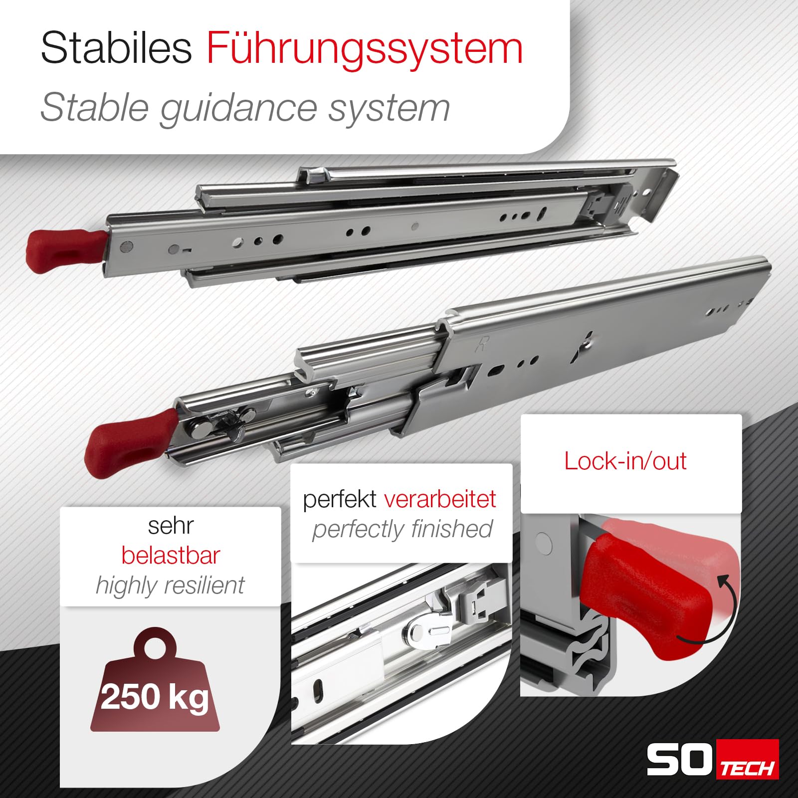 SOTECH 1 Paar Schwerlastauszüge KV1-250-H76-L1168-LC 1168 mm (46") mit Lock-in/out Einrastfunktion Teleskopauszug belastbar bis 250 Kg