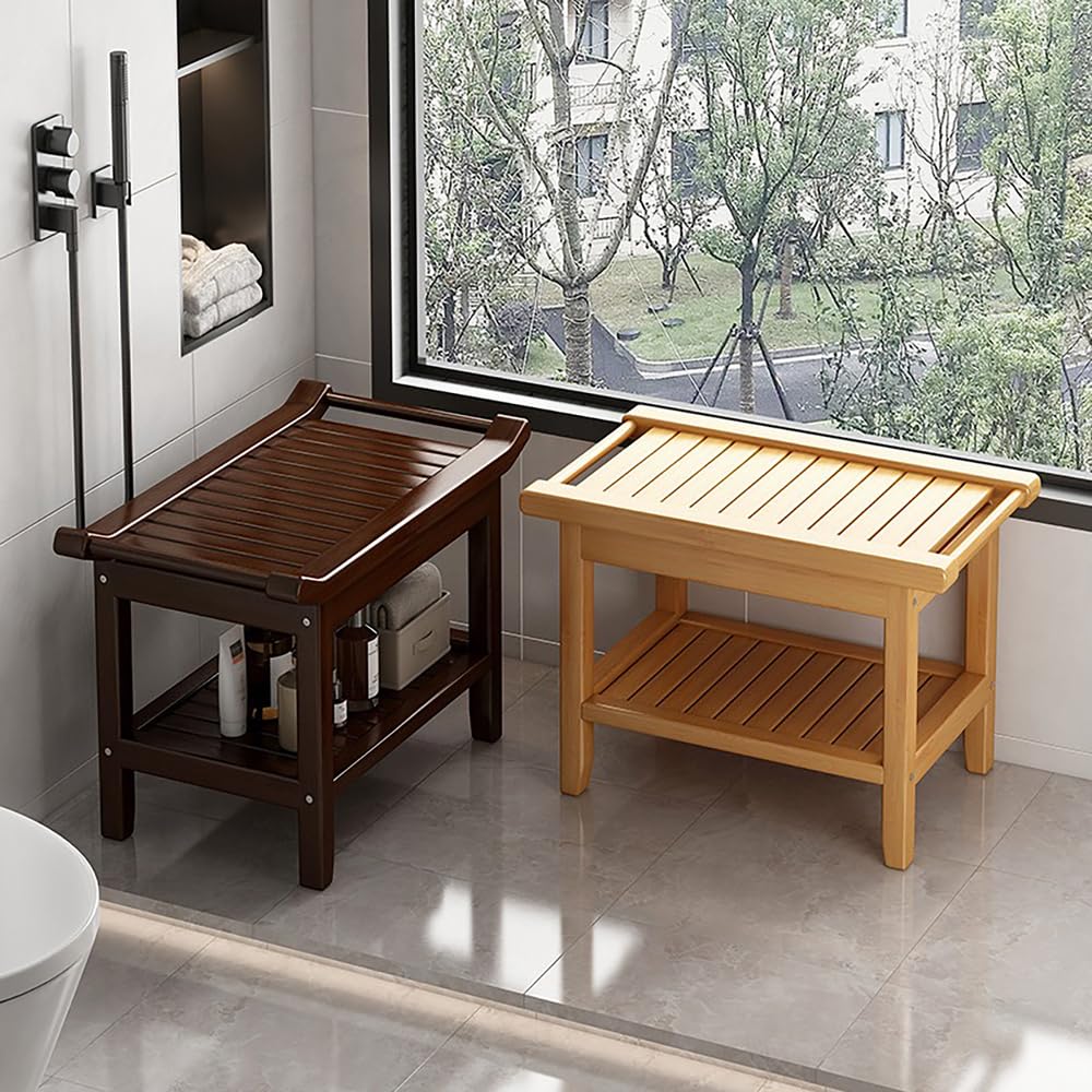 WYRNOBRX Shoe Rack for Front Door Entrance with Armrests Bathroom Stool Multifunctional Waterproof Bath Stool for Home Use Bamboo Shoe Bench for Entryway Furniture Hallway,Brown/A/50CM