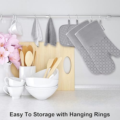 Miniatura 110 de KEGOUU Juego de 6 manoplas para horno y soportes para ollas, guantes para horno de cocina, resistentes al calor, 500 grados, extra largos, Azul cielo