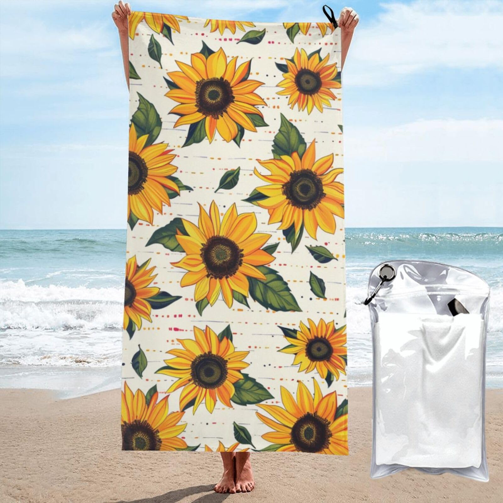 Microfiber Beach Towel, Sunflower Pattern Printed Lightweight Quick Dry Travel Bath Sheet with Compact Carry Bag for Swimming Yoga Camping Gym,31.5"x63"