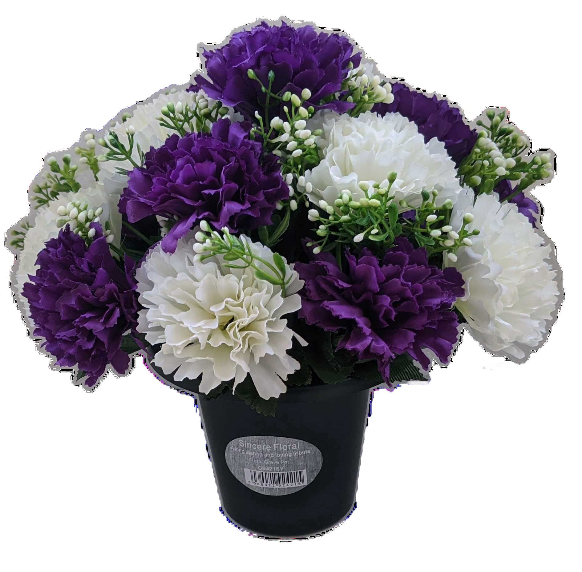 Permabloom Purple Artificial Carnation Grave Pot With 16 Flowers - Vase Insert Memorial (Purple)