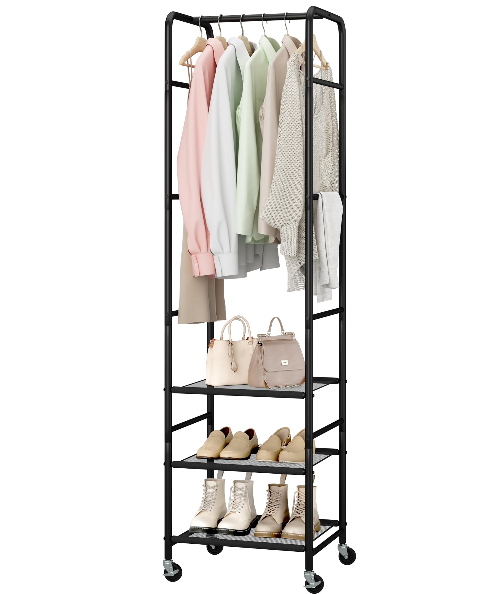 STORAGEIDEAS Small Clothes Rack with 3 Shelves, 72 Inches Tall Coat Garment Rack with Wheels, Display Clothing Racks for Hanging Clothes for Entryway,