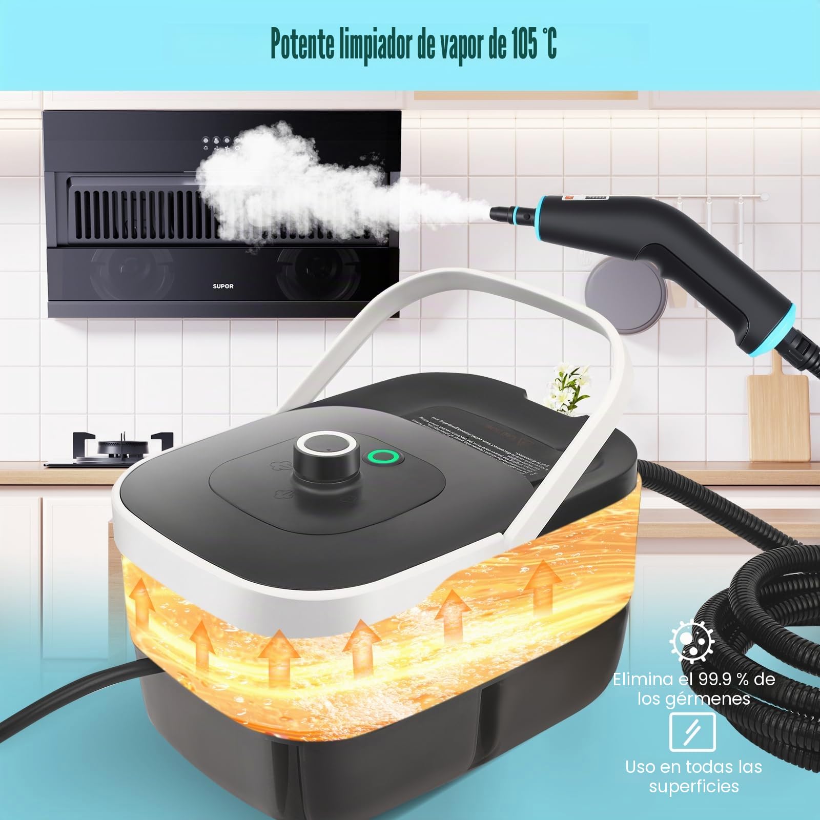 Limpiador a Vapor Portátil 2500W, 4.5BAR Alta Presión, Calentamiento 15s, Depósito 1250ml, 9 Accesorios, 2m Manguera - Para Cocina, Coche, Suelo, Ventanas, Barbacoa con 3 Niveles de Vapor