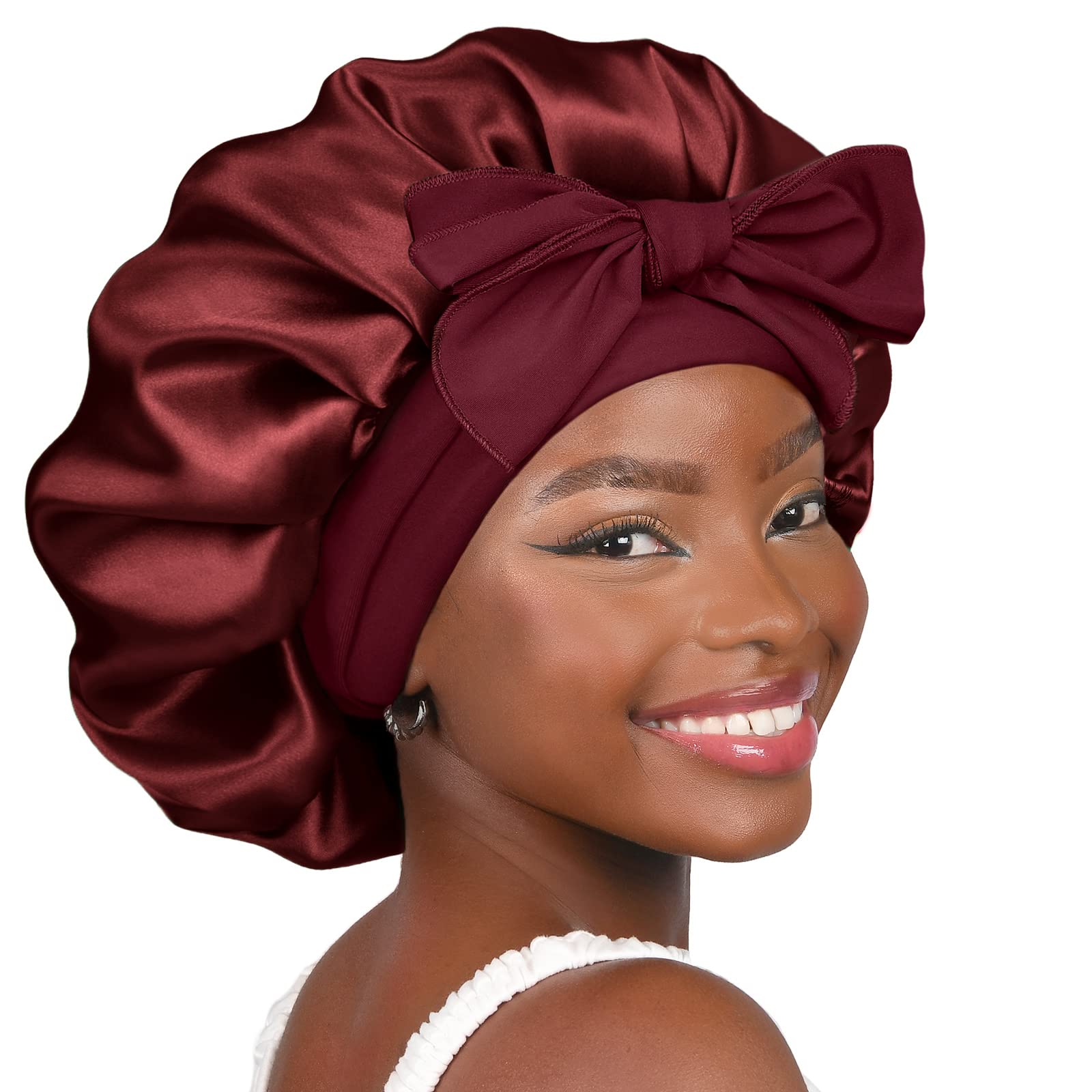 Yanibest Women's Burgundy Silk Bonnet For Sleeping Satin Bonnet Double Layer Satin Lined Hair Bonnet With Tie Band Curly Hair