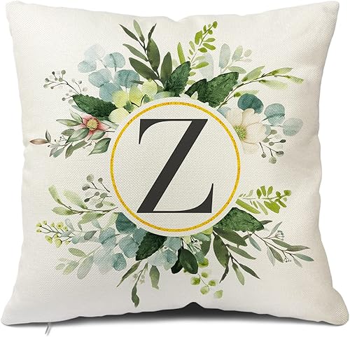 Snycler Fundas de almohada con monograma de la letra Z, diseño floral, 18 x 18 pulgadas, almohadas de primavera verdes, fundas de almohada
