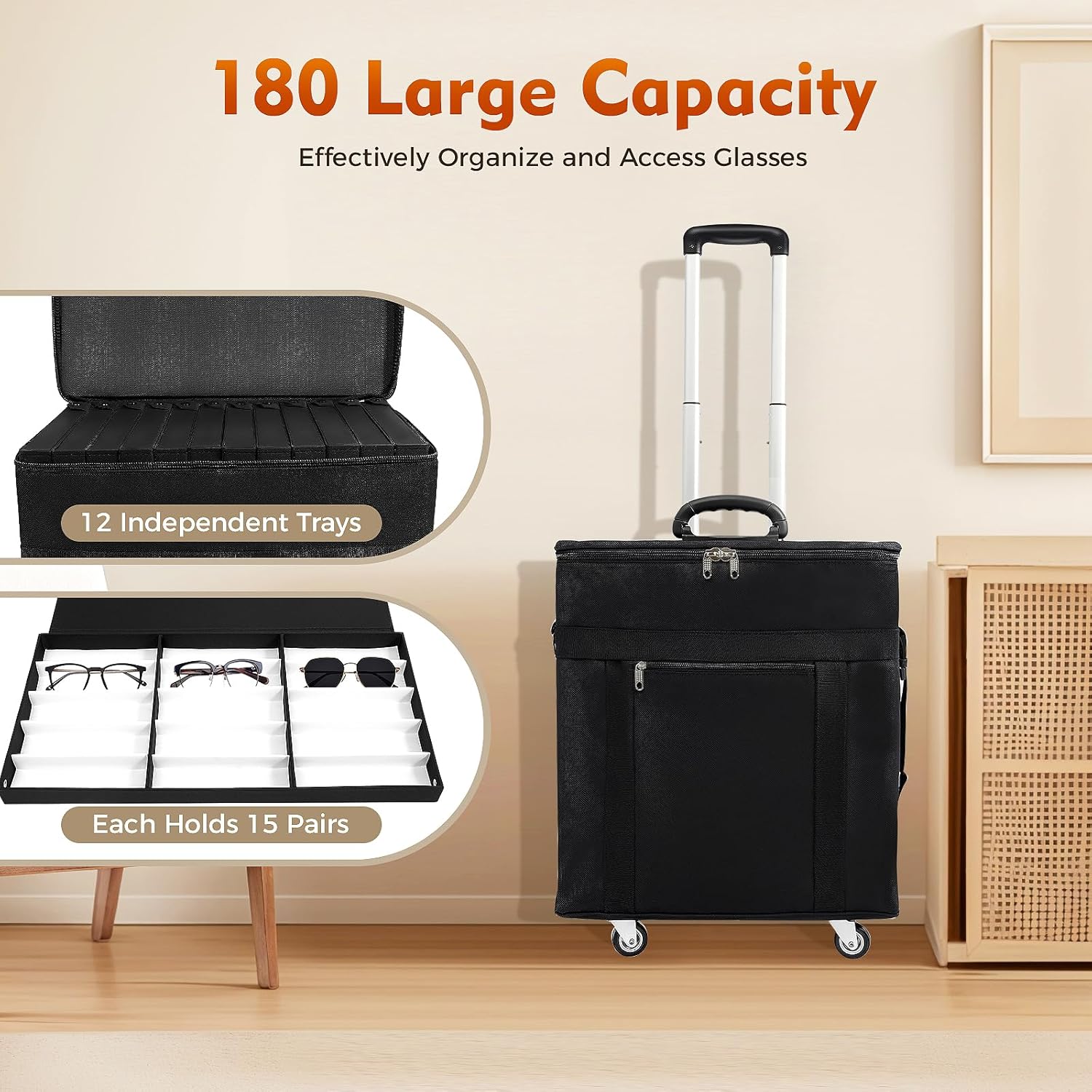 180 Pairs Sunglass Organizer, Eyeglasses Storage and Sunglass Glasses Display Case Drawer Eyeglasses Storage Travel Trolley Case with Wheels, Sunglasses Display Case for Home Travel, Black