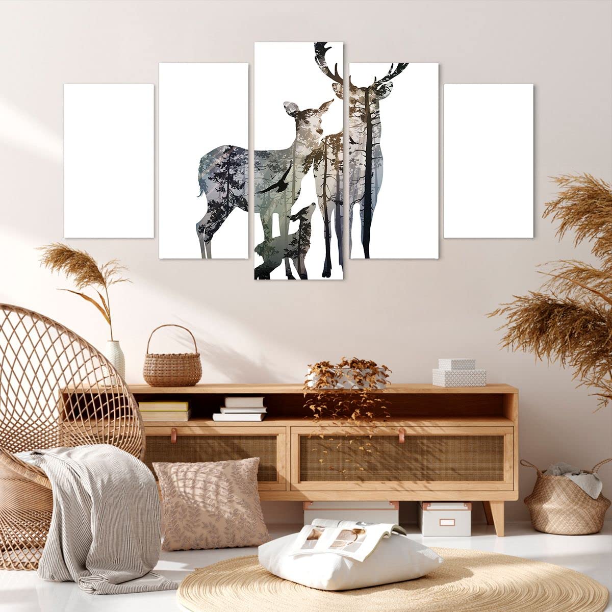 Cuadro Decorativo Sobre Lienzo 50x50 Cm - Motivo De Ciervos Familia Salvaje, Listo Para Colgar, Ideal Para Salón O Dormitorio