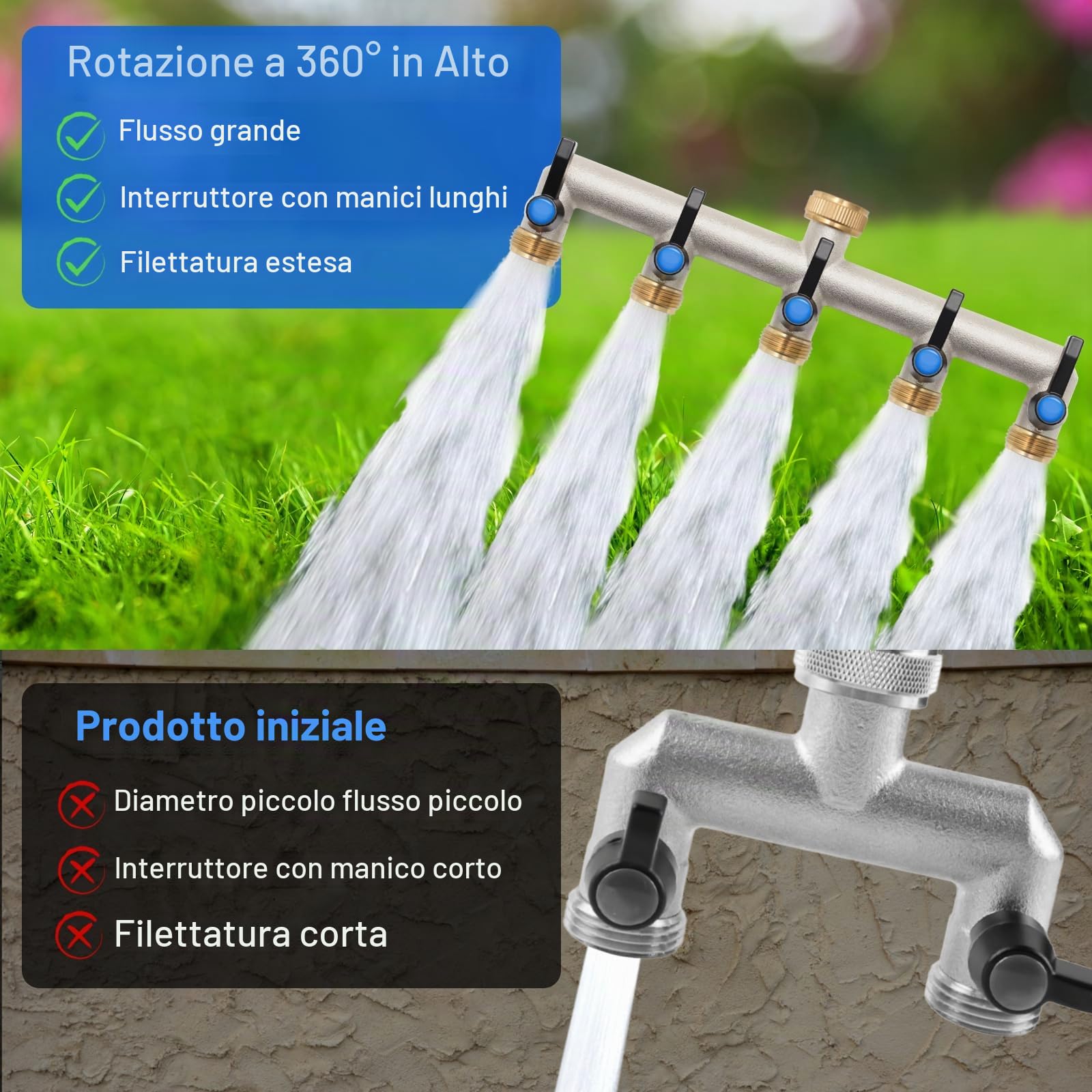 Distributore dell'Acqua a 5 Vie, in Ottone, Adattatore da 3/4 Pollici con 5 connettori per Rubinetto da 3/4" a 1/2" per casa, Cortile/Lavatrice