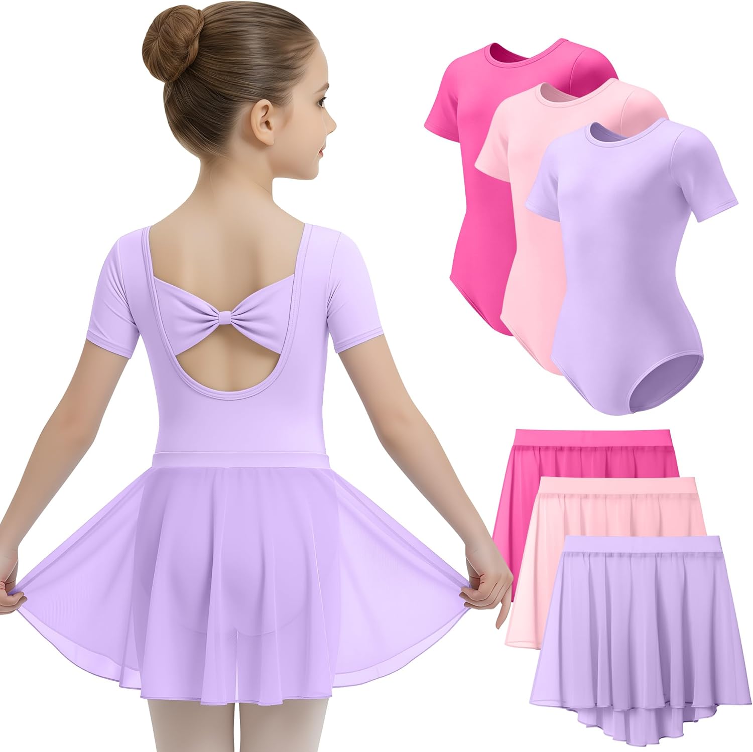 3 Pack Ballet Leotards for Girls Short Sleeve Dance Dress with Removable Skirt Toddler Ballet Outfit with Bow Back