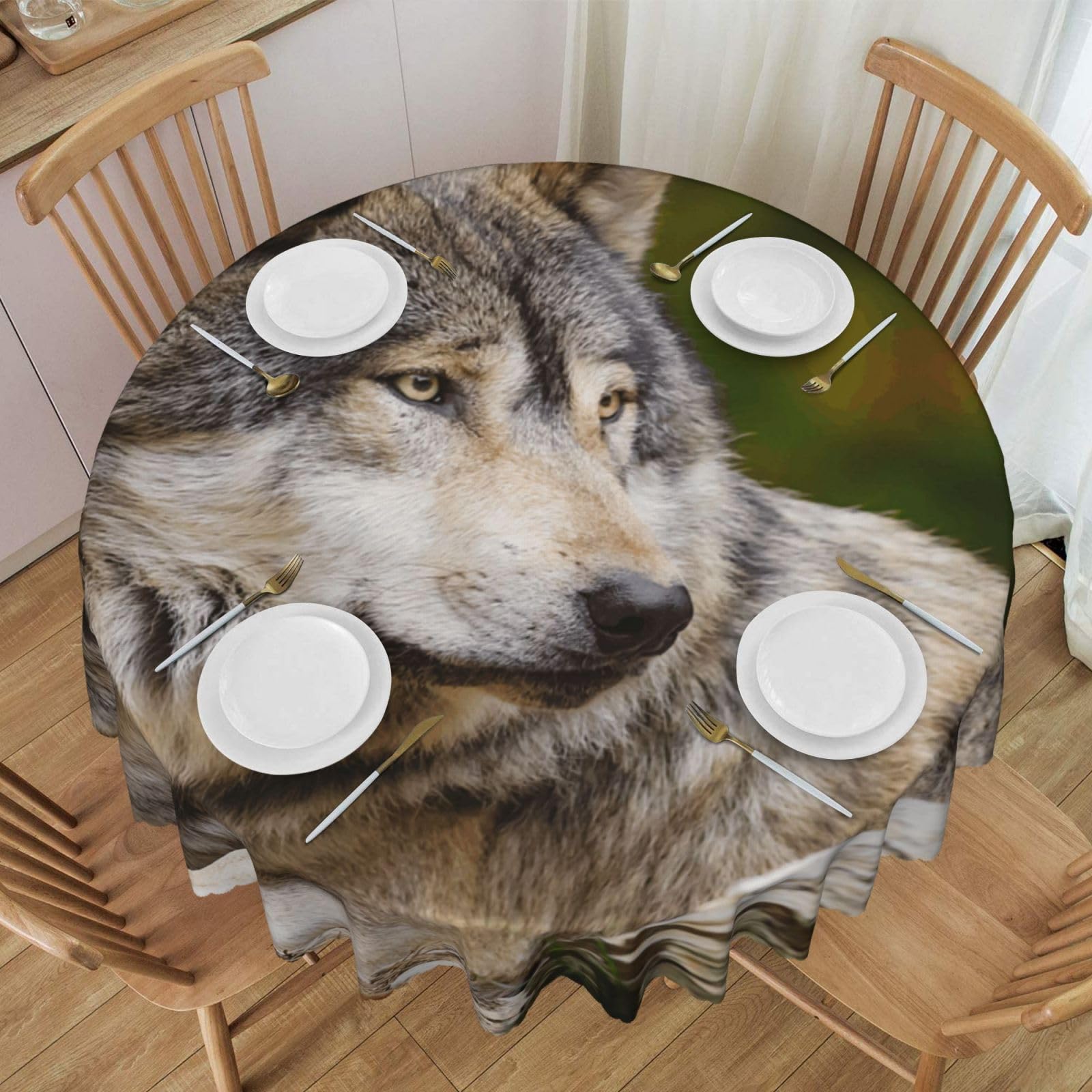 DCEHGEW 60 In Round Tablecloth with Lace, Snow Mountain Wild Wolf Printed Oilproof & Washable Fabric Picnic Table Cloth Table Covers