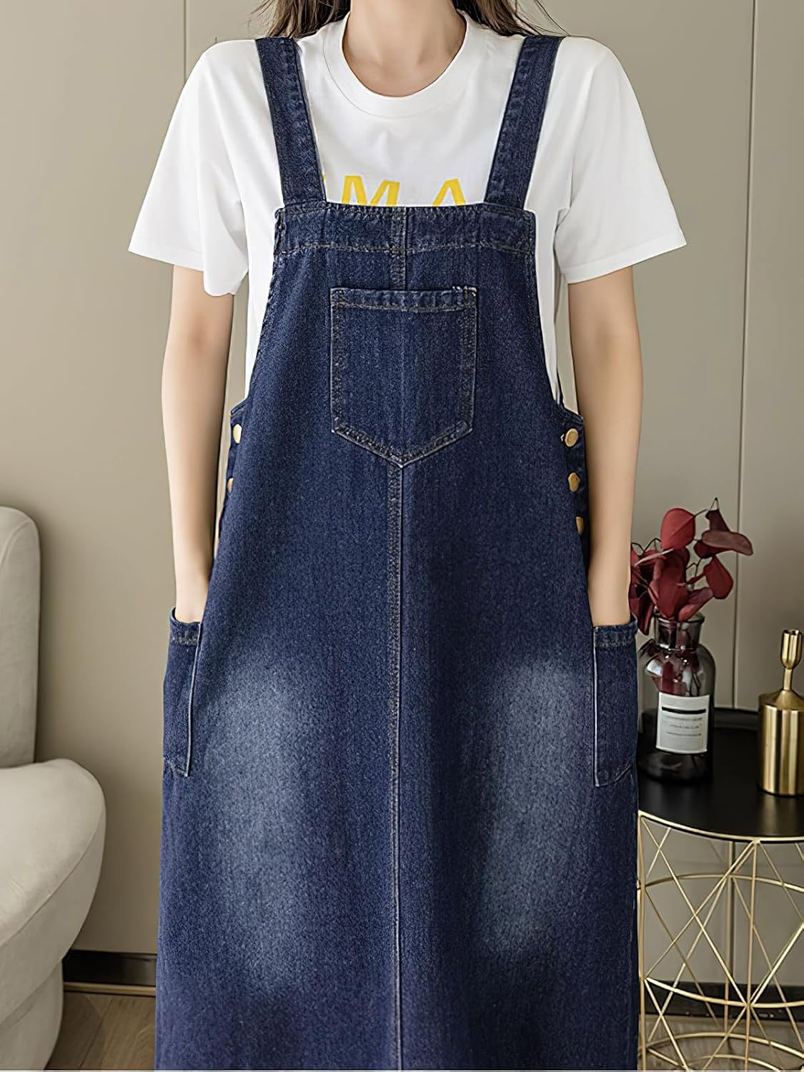 ebossy Women's Patchwork Denim Bib Overall Casual Button Jean Maxi Long Pinafore Dress With Pocket