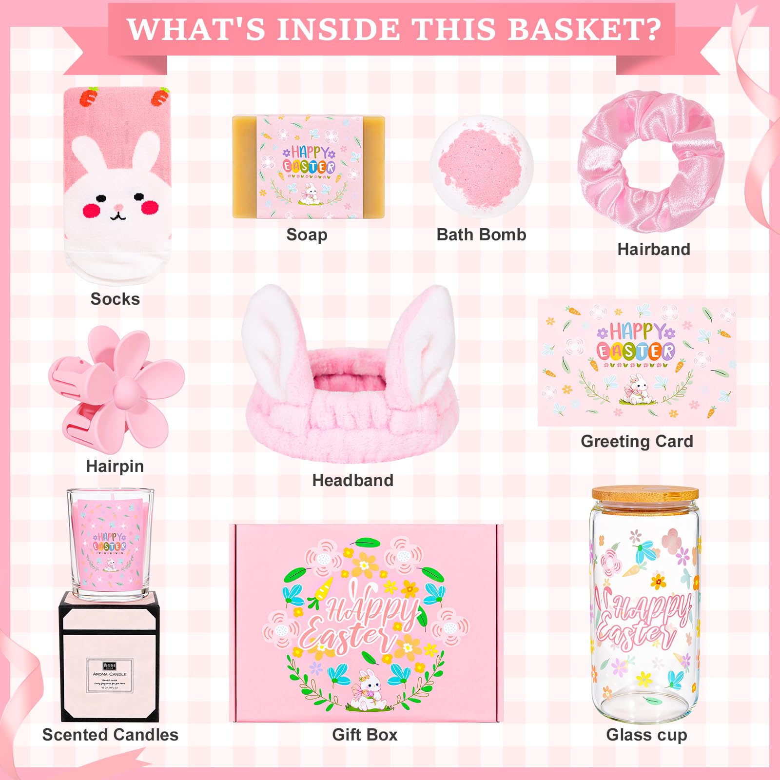 Honxicur Easter Gifts Set for Women Sister Teens Adults Stuff, Easter Basket Stuffers with 16oz Glass Cup, Scented Candles, Headband & Socks, Self Care Gifts for Women