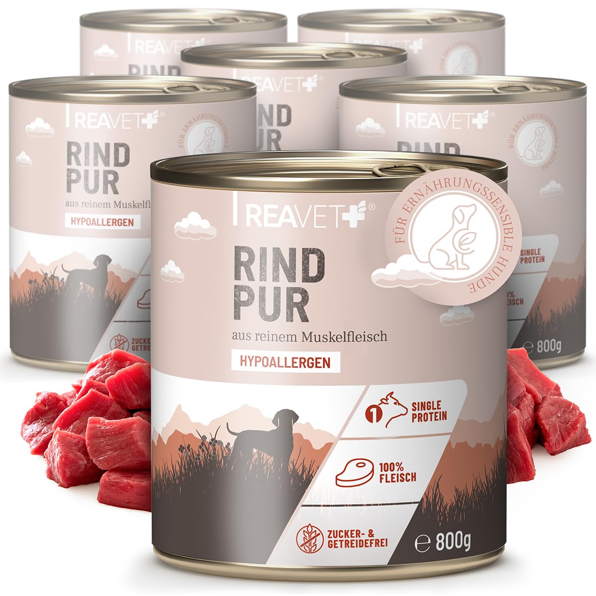 ReaVET Premium Hunde Nassfutter - Rind PUR 6 x 800g I Reines Muskelfleisch, Hypoallergen, ohne Getreide & Zusätze, Hundenassfutter sensitiv für Allergiker