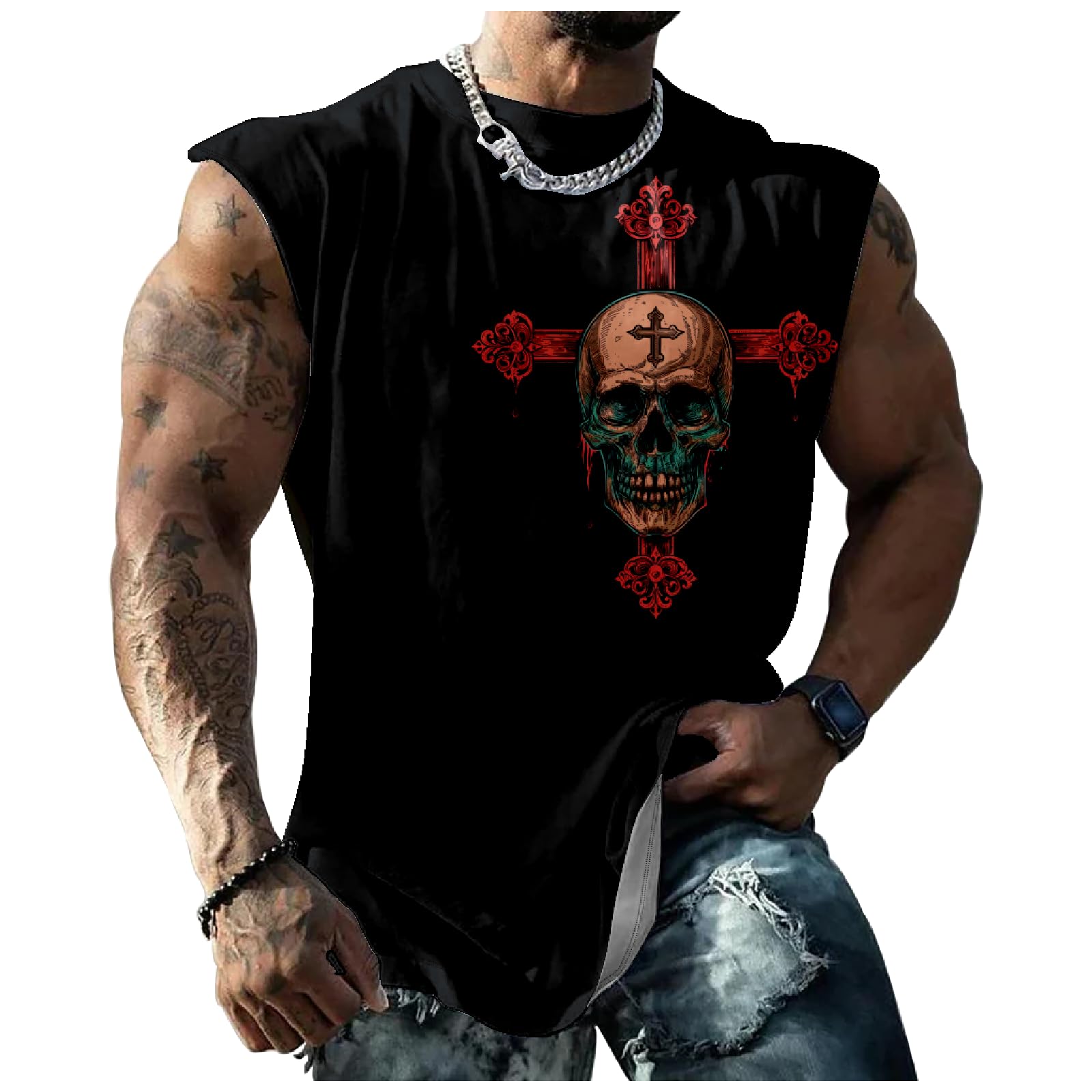Spatofa Mens Skull Tank Tops Summer 3D Printed Graphic Big and Tall Sleeveless Crew Neck Men's Muscle T-Shirts Cotton Top