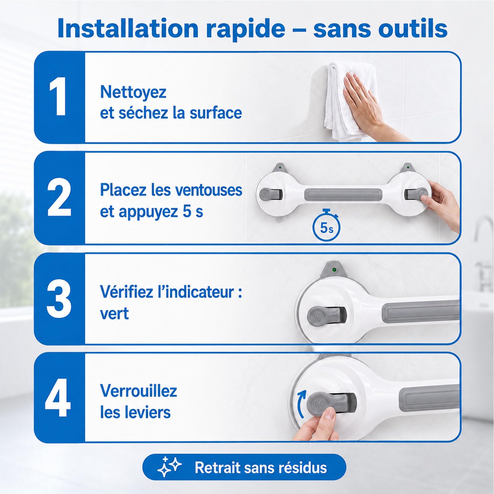 2 poignées de douche sans perçage 42 cm, poignée de douche avec ventouse, 2025