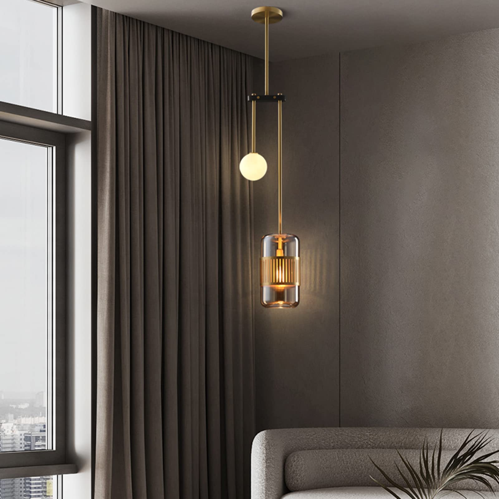 YNIYUJKL Wall Lamp, All-Copper 2-Head Background Wall Chandelier, Corridor Aisle Chandelier, Amber Glass Lampshade, Postmodern Dining Room Bedroom Bedside Light,For Bedroom
