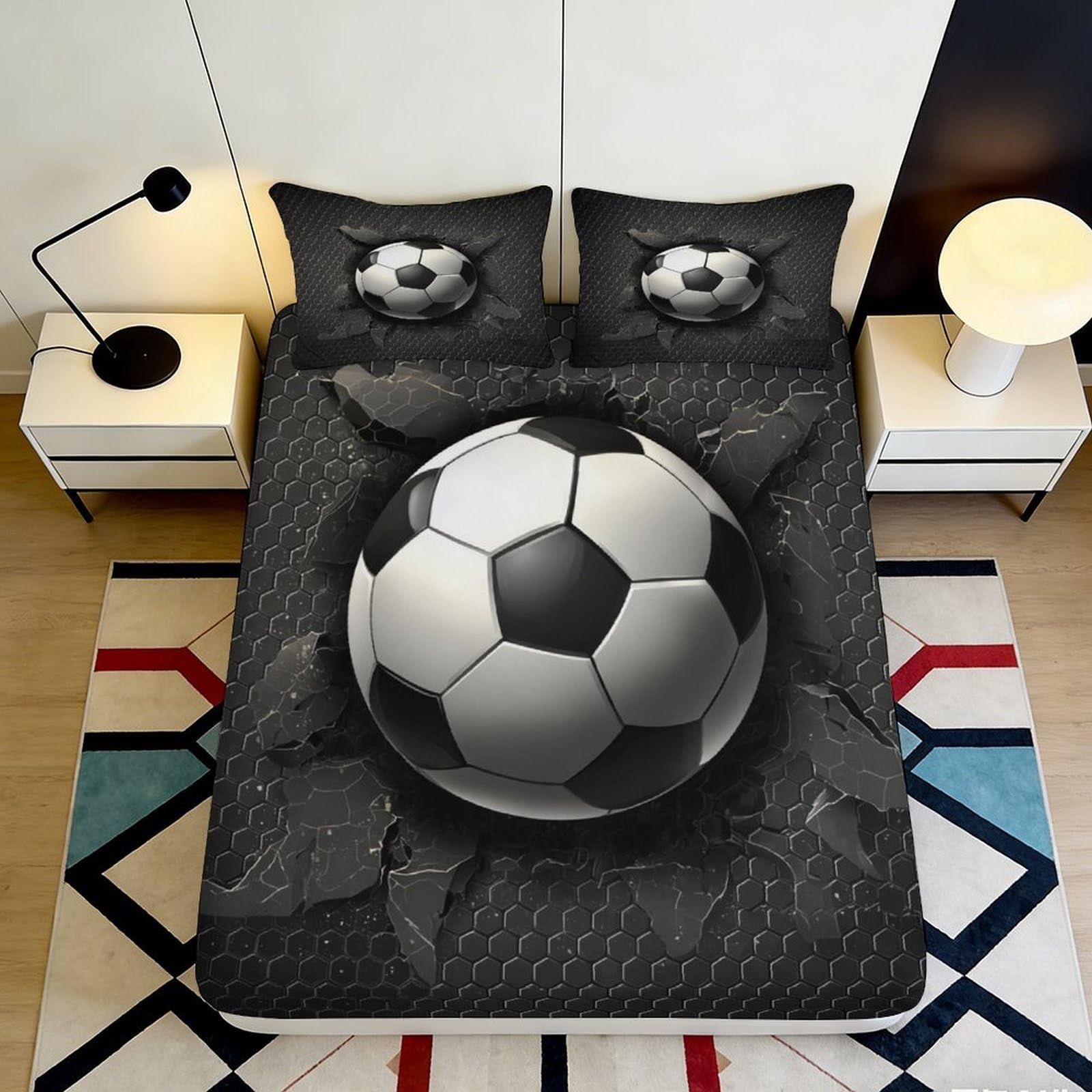 3D Printed Soccer Ball Fitted Sheet Microfiber Soft Black White Football Bed Cover for Bedroom Dorm Easy Care Washable 90x200x25cm