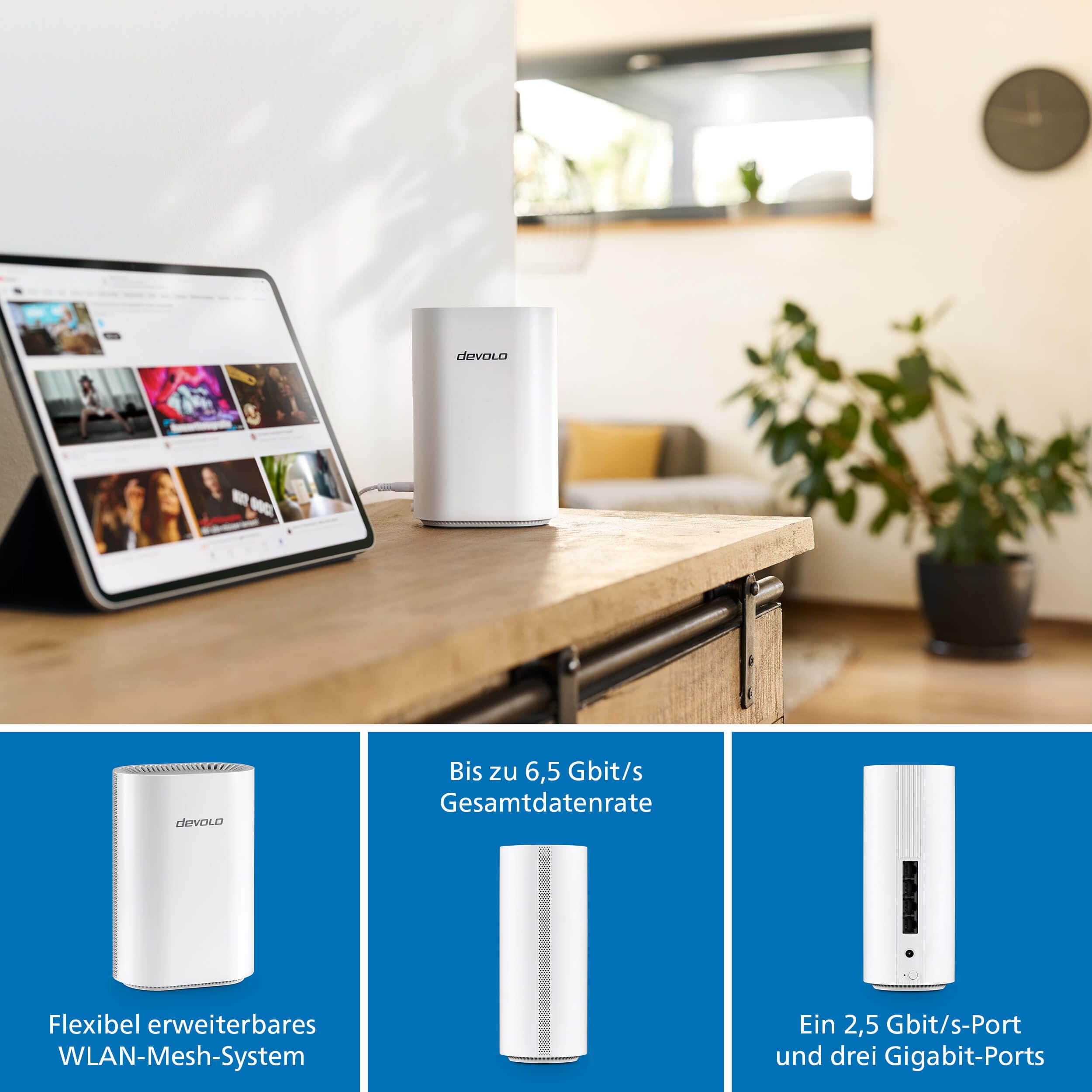 devolo WiFi 7 Mesh BE6500 3-Pack, Highspeed Mesh-WLAN-System, bis zu 6.500 Mbit/s, 2,5 Gbit/s-LAN-Anschluss, weiß
