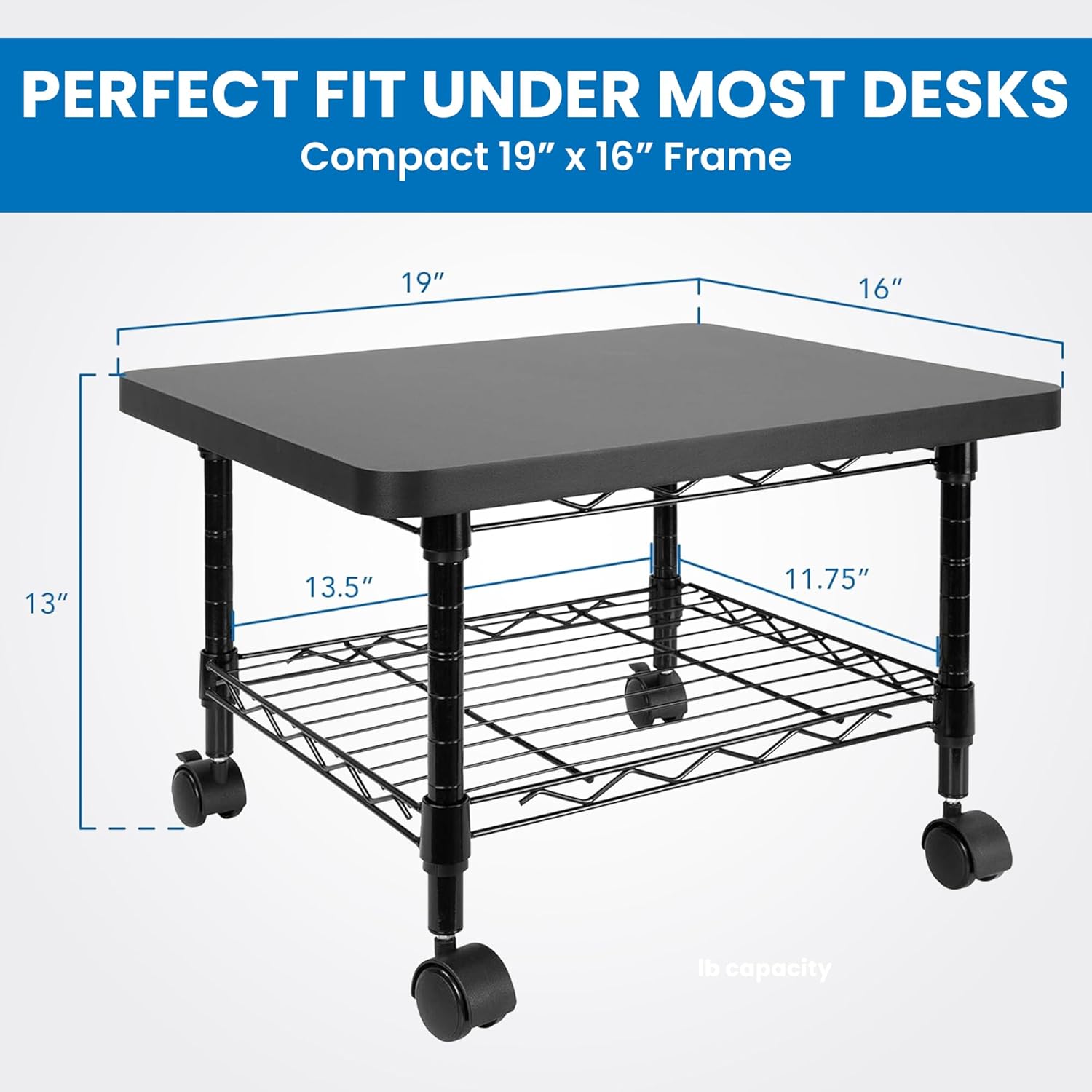 Mount-It! Under Desk Printer Stand with Wheels | Mobile Printer and Fax Cart with Storage Shelf for Office and Home Use, 2 Tiers (Black)