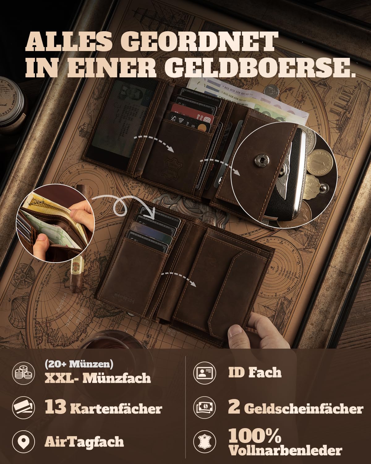 DODENSHA Portmonee Herren mit Airtag Fach und RFID Schutz | Geldbörse Herren aus 100% Echtleder mit XL Münzfach für 20 Münzen | Smart Wallet für 13 Karten in Geschenkbox (Dunkelbraun)