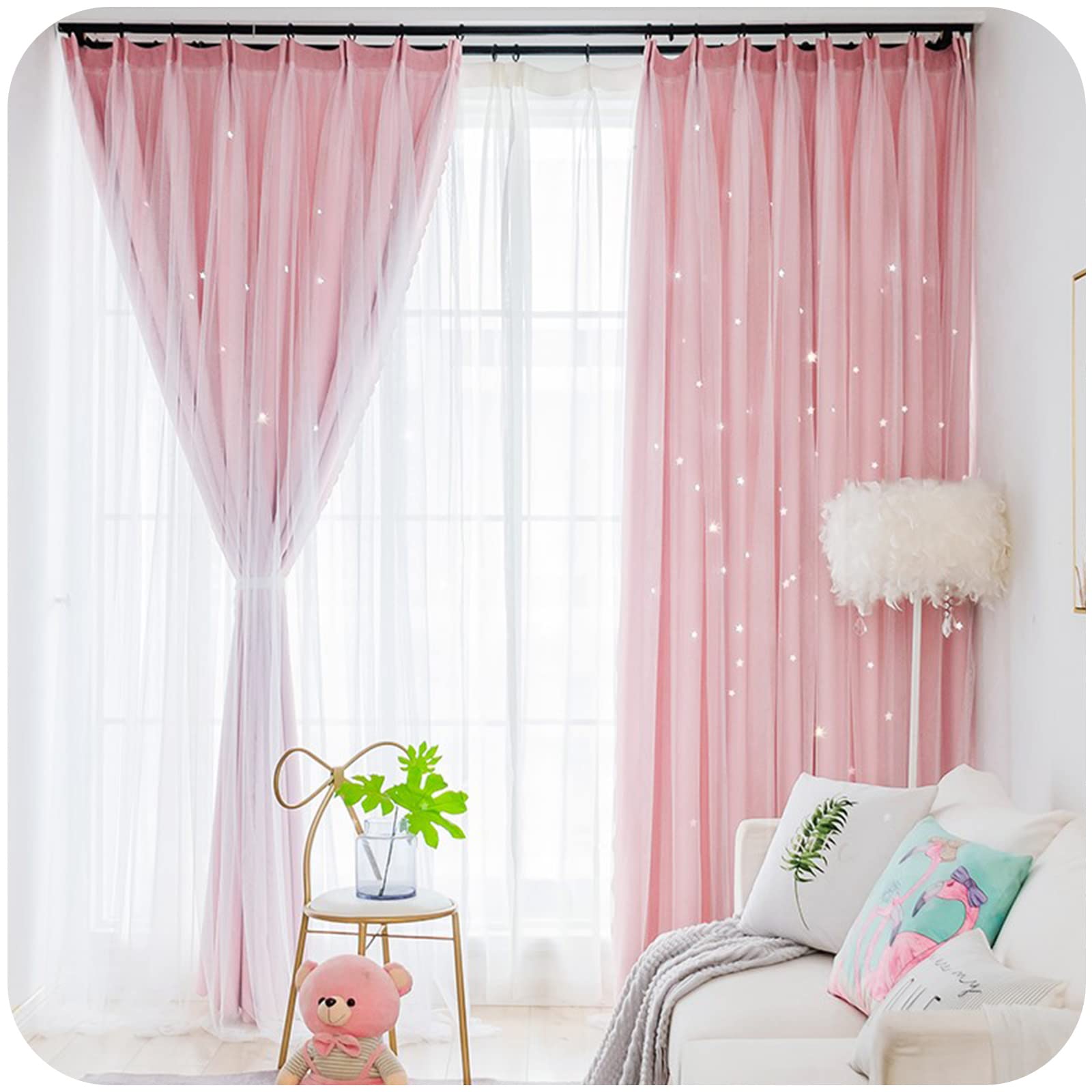 Amazon｜姫系カーテン 遮光カーテン 一体型 おしゃれ 星柄 透かし彫り