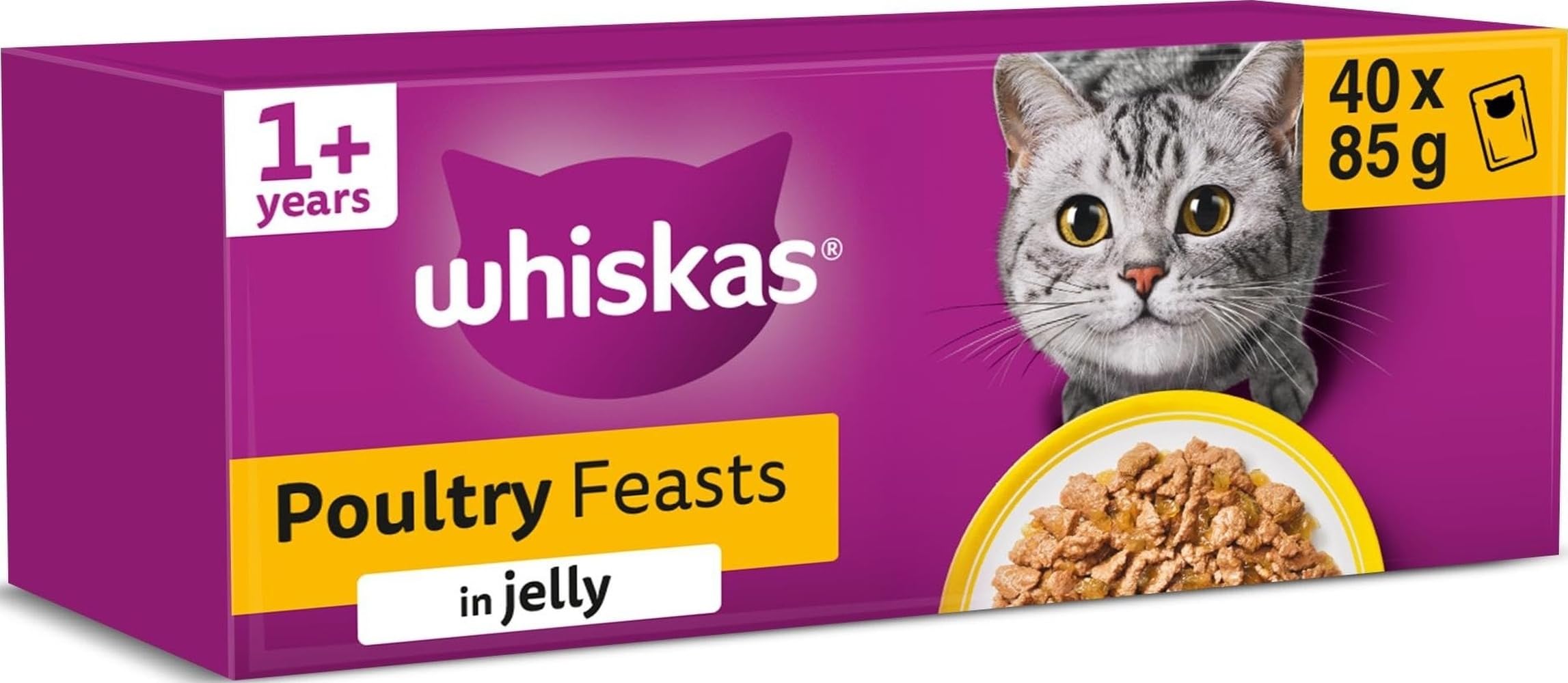40 x 85g Whiskas 1+ Poultry Feasts Mixed Adult Wet Cat Food Pouches in Jelly