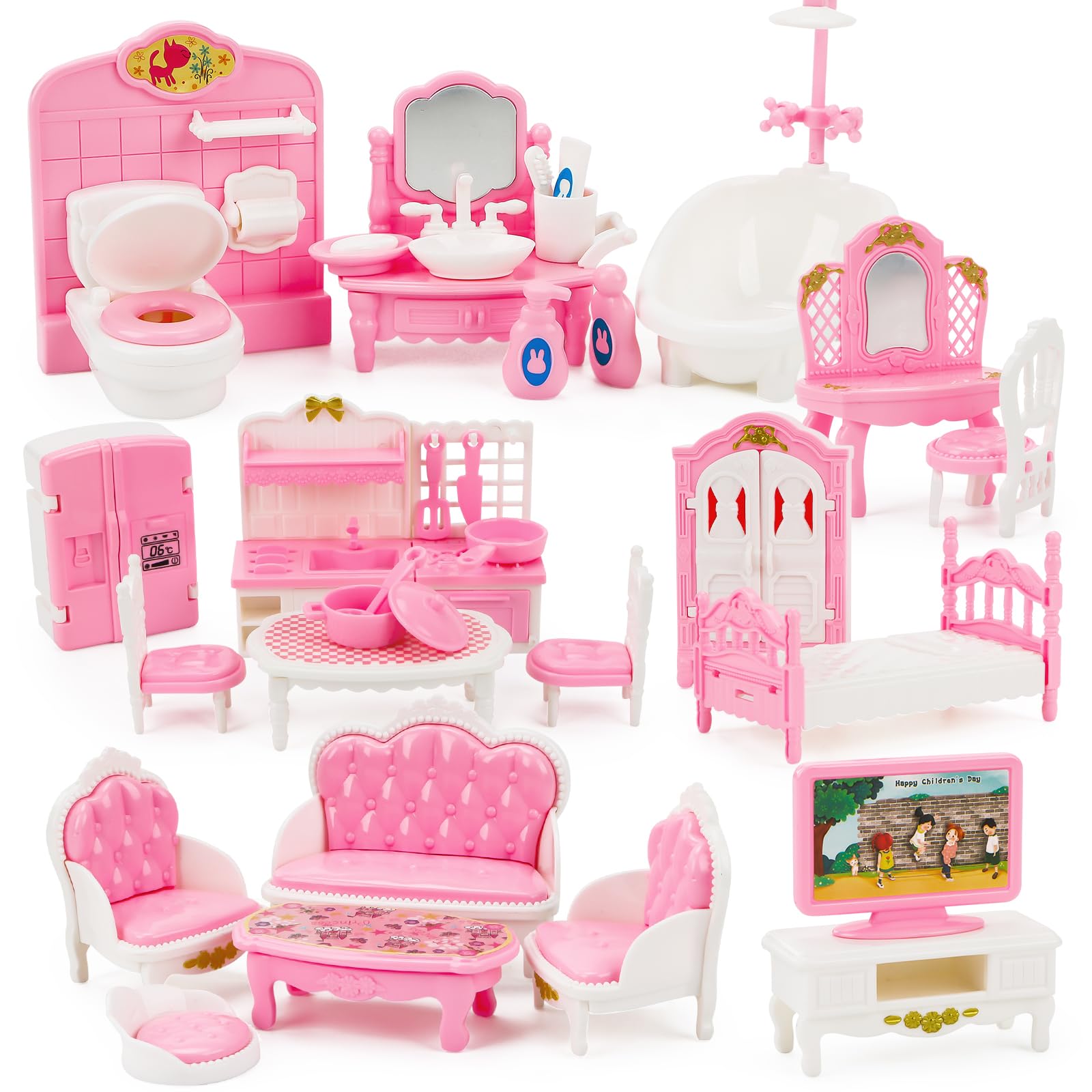 Vugttuon 32 Pcs Dolls House Furniture Dolls House Accessories Dollhouse Furniture Set Minihouse Realistic Miniatures Bedroom Living Room Kitchen With Pretend Play Furniture Toys For Boys Girls