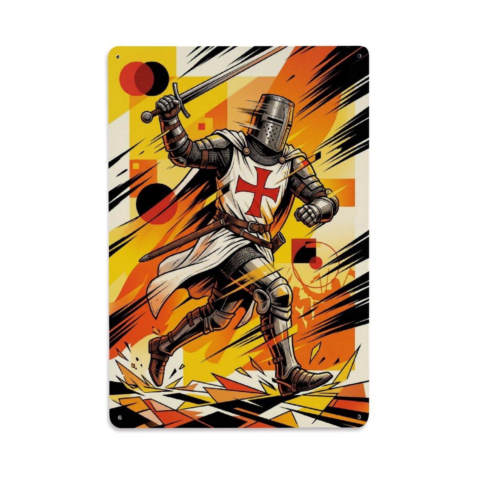 Olhnbad Style Mounted Charge Crusader Knight Medieval Armour Abstract Metal Tin Sign