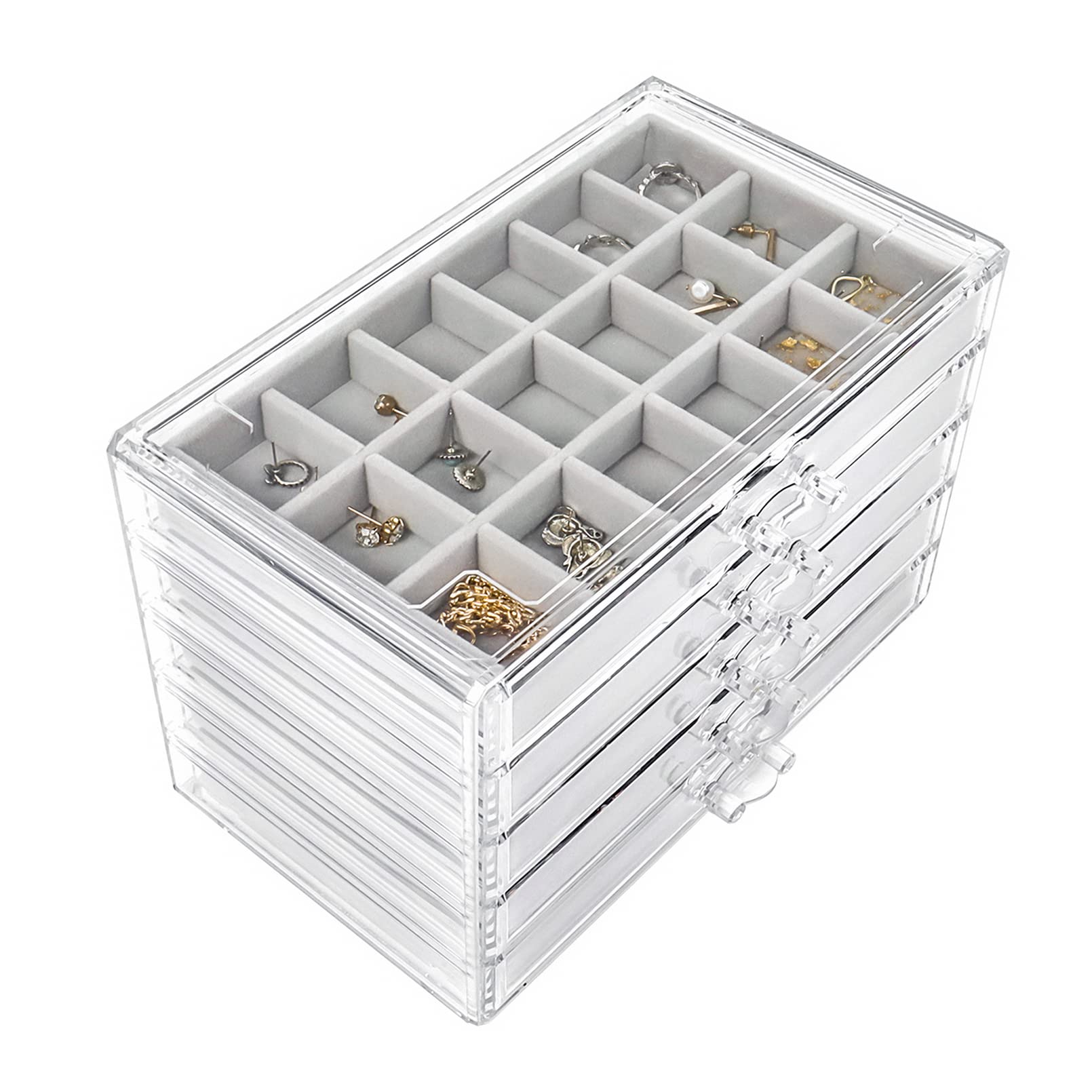 Nwvuop Boîte à bijoux en acrylique à 5 tiroirs - Rangement pour bagues - Organiseur pour boucles d'oreilles - Organiseur de bijoux - Gris