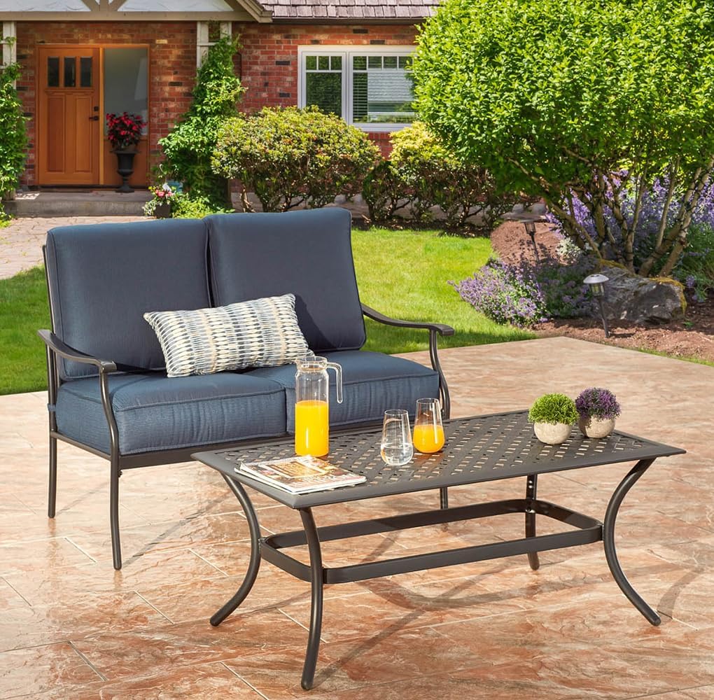 Patio Loveseat with Coffee Table Outdoor Conversation Loveseat Porch Furniture Set Sofa for Balcony, Backyard, and Deck with Soft Cushions and Metal Table (Blue)