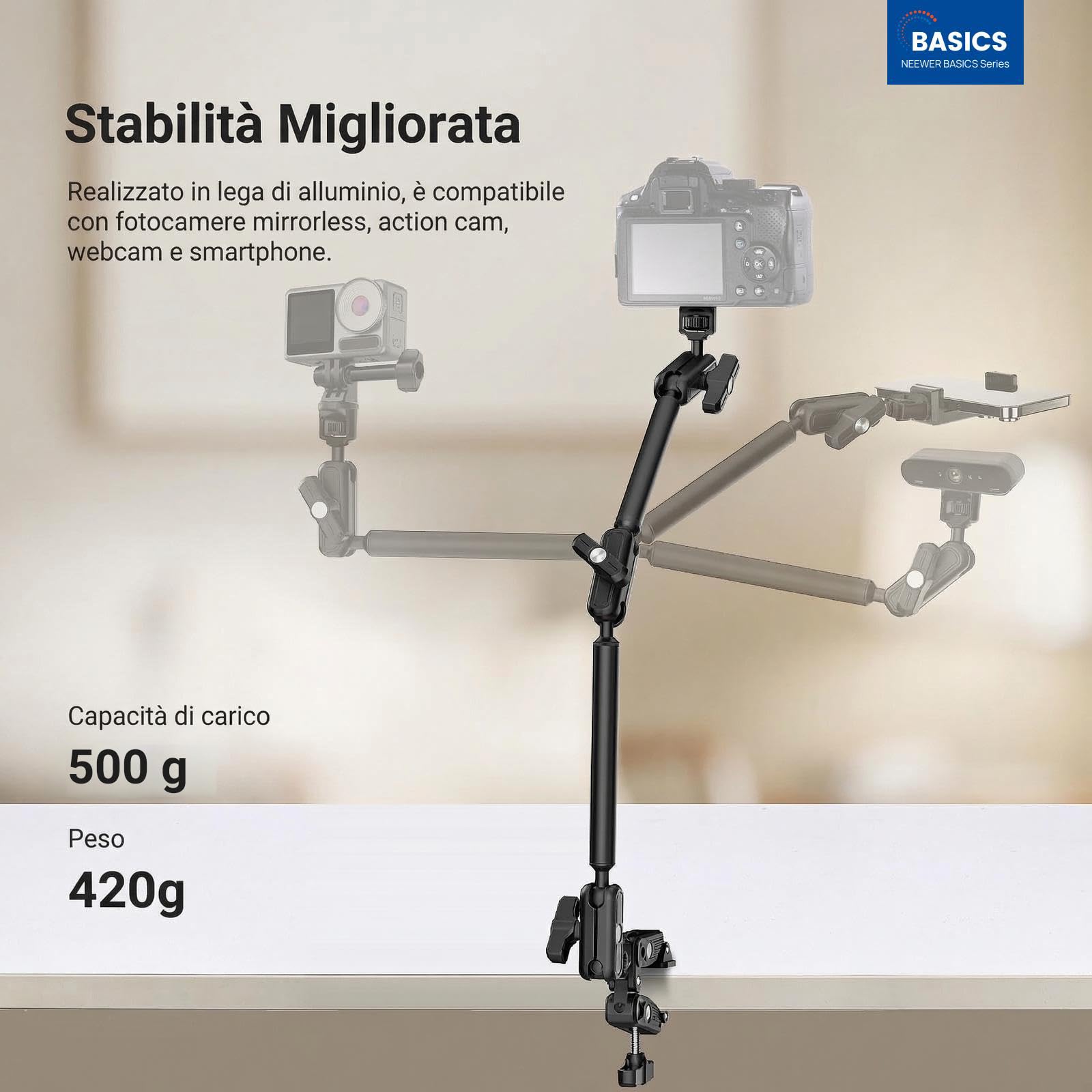 NEEWER BASICS 55cm Magic Arm da Scrivania con Super Clamp, Porta Telefono e Adattatore da 1/4" a 3/8", Braccio Microfono Supporto Overhead Accessori Fotografia per Mic ActionCam Webcam Luce LED, UA061