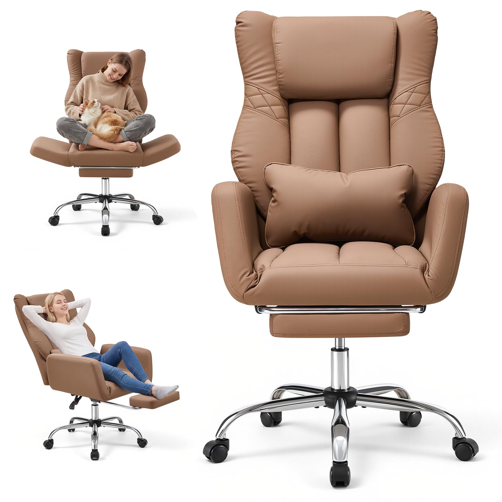 Warmiehomy Big and Tall Office Chair for Home, Cross Legged Office Chair with Footrest, Ergonomic Heavy Duty Office Chair with 155° Recline & Armrests, Computer Desk Chair 72 * 50 * 120CM (Brown)
