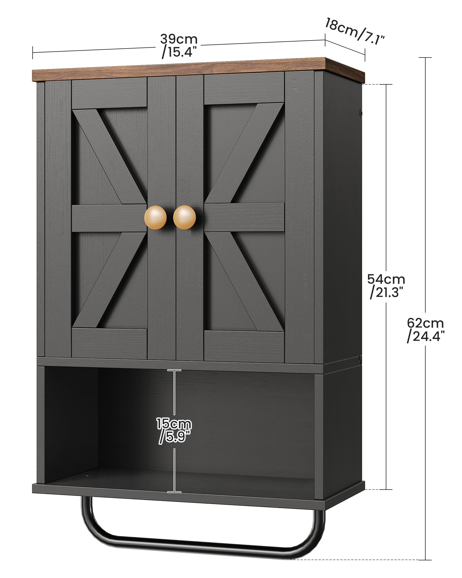 CHOEZON Mueble de Baño Colgante de 2 Puertas, Armario de Pared con Compartimento Abierto y Toallero, Botiquín, Estilo Granero, para Dormitorio, Sala de Estar, Cocina, Negro y Nogal Marrón