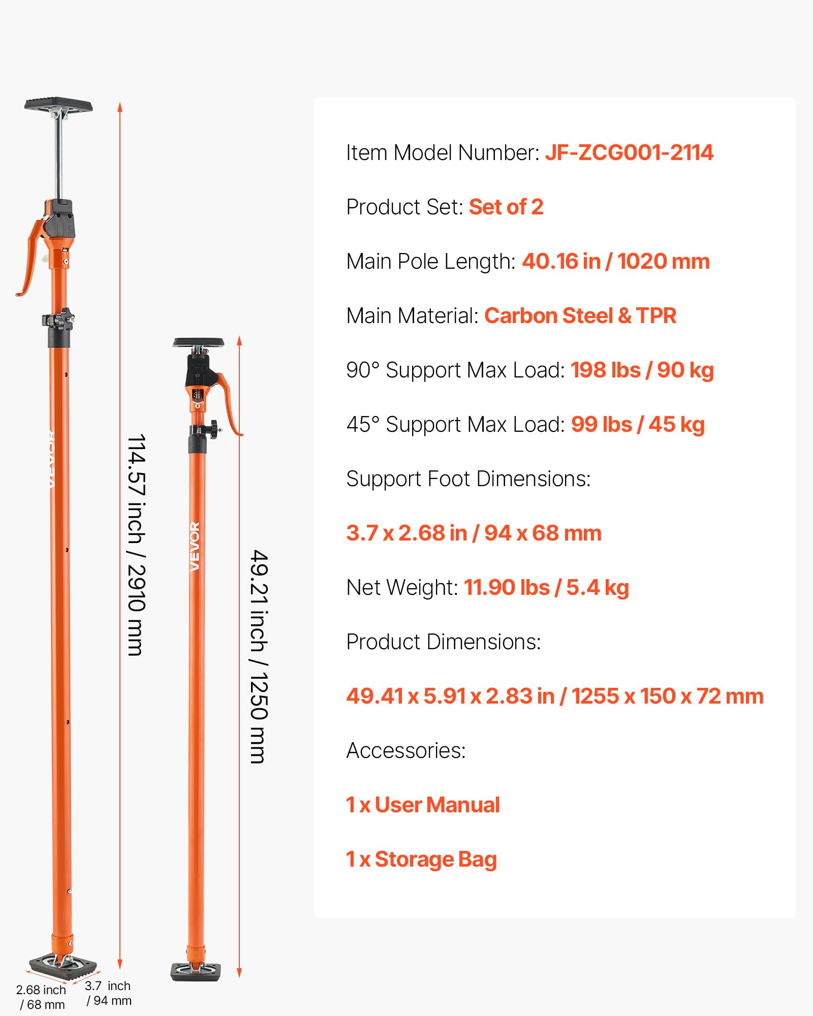 VEVOR Drążek nośny podnośnika szafkowego, 2-pak, stalowy teleskopowy drążek teleskopowy 125-291 cm, regulowany system 3. ręczny do 90 kg, do montażu szafek, płyt kartonowo-gipsowych, drążków