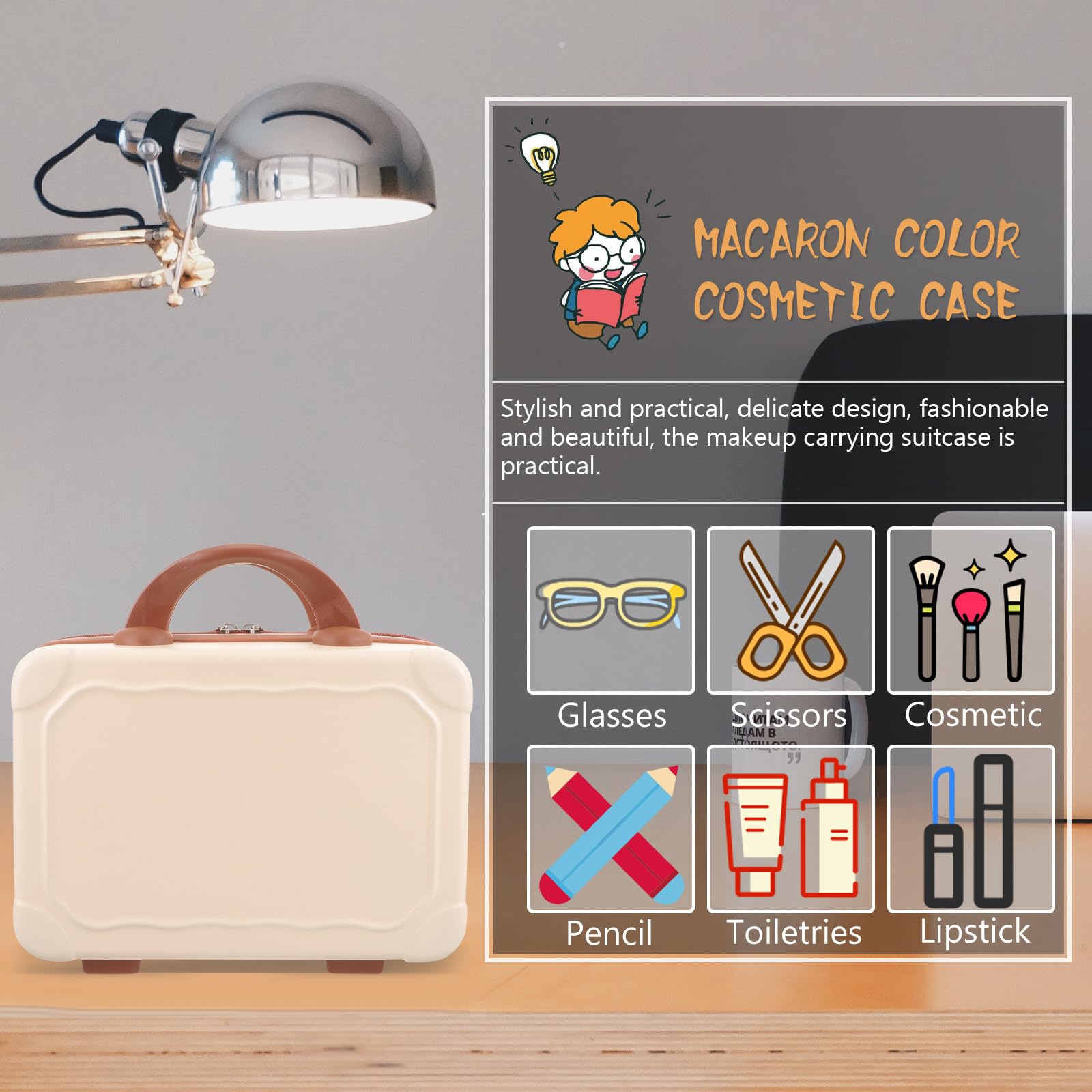 Healvian Beauty Case da Viaggio Donna in Abs Leggero Grande Capacità e Design Elegante, Astuccio Portatrucchi Beige per Viaggi e Conservazione