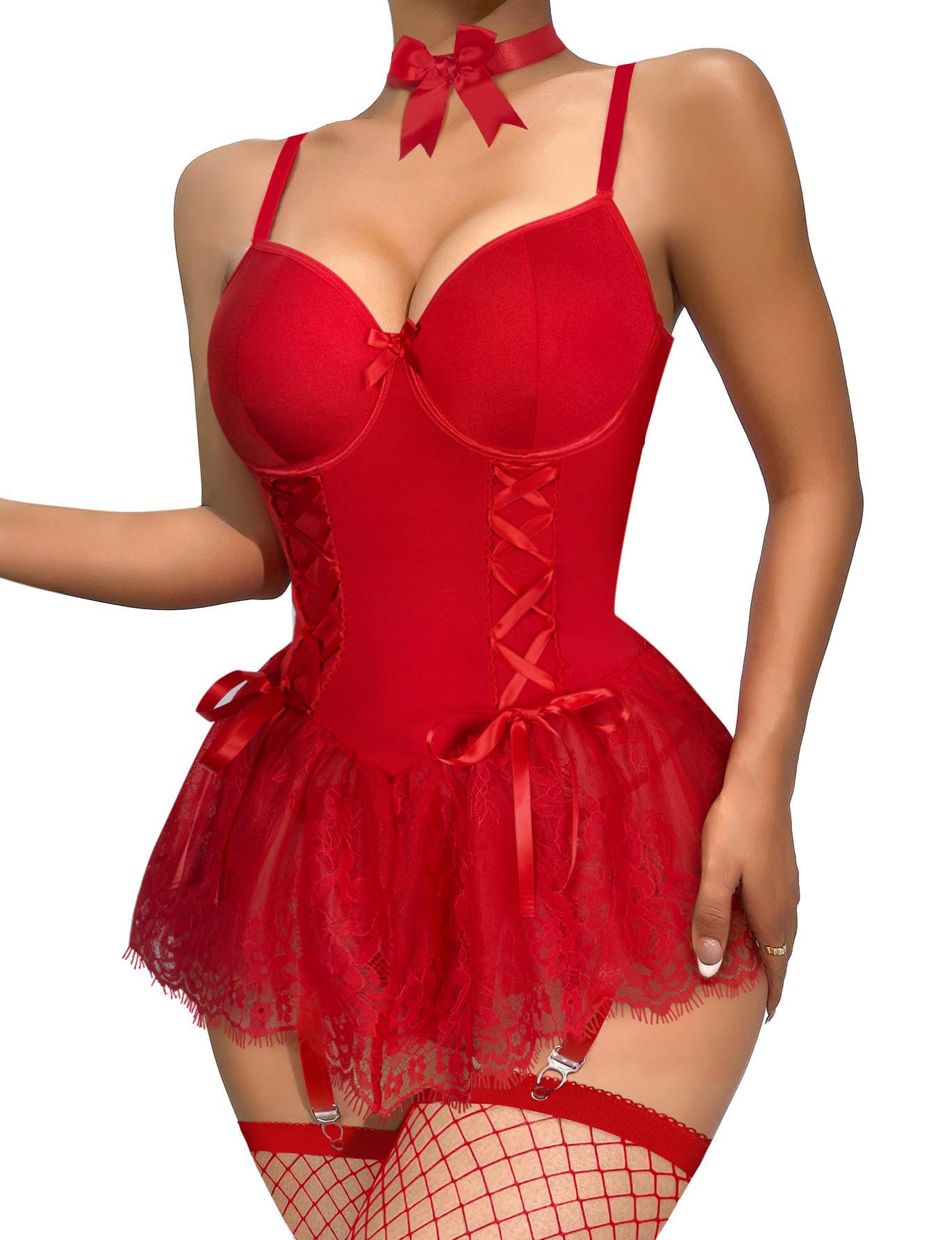 Sexy outfit Seksowny gorset typu choker z fiszbinami, koronkowa przezroczysta podwiązka pończochy komplet bielizny Babydoll ze stringami 4-częściowe stroje
