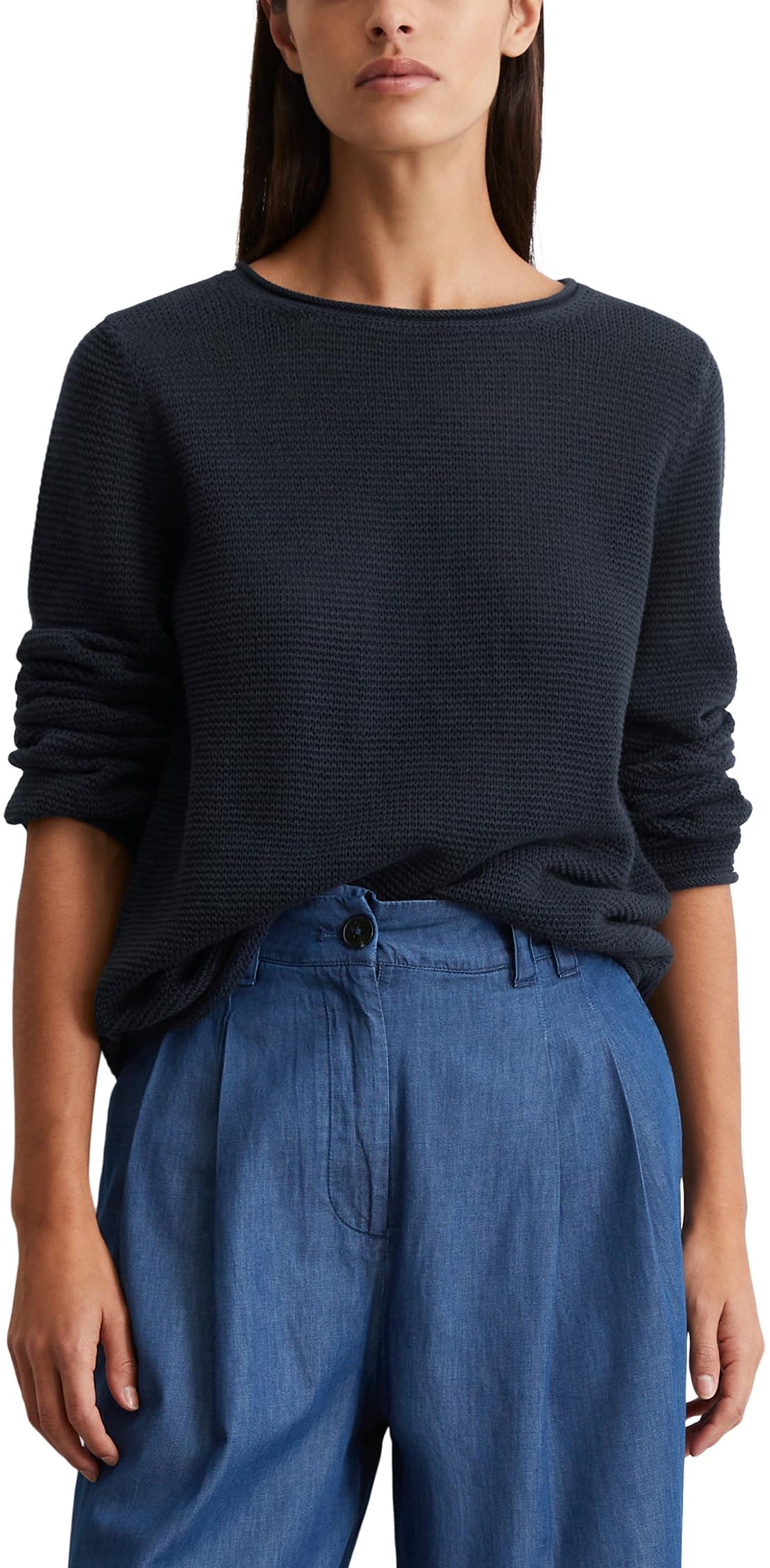 Marc OߴPolo Women's Organic Cotton Knitted Jumper with Round Neck, Blue (Deep Blue Sea), M