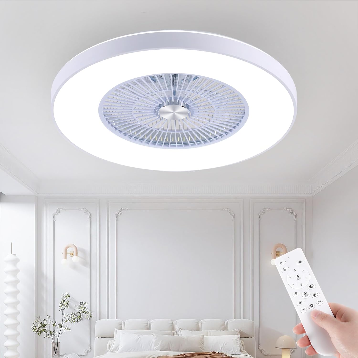 24" Bladeless Ceiling Fans with Lights and Remote/APP Control, Low Profile Ceiling Fan with 3-Dimmable Lights, Enclosed Flush Mount Ceiling Fan for Kid's Bedroom/Living Room White