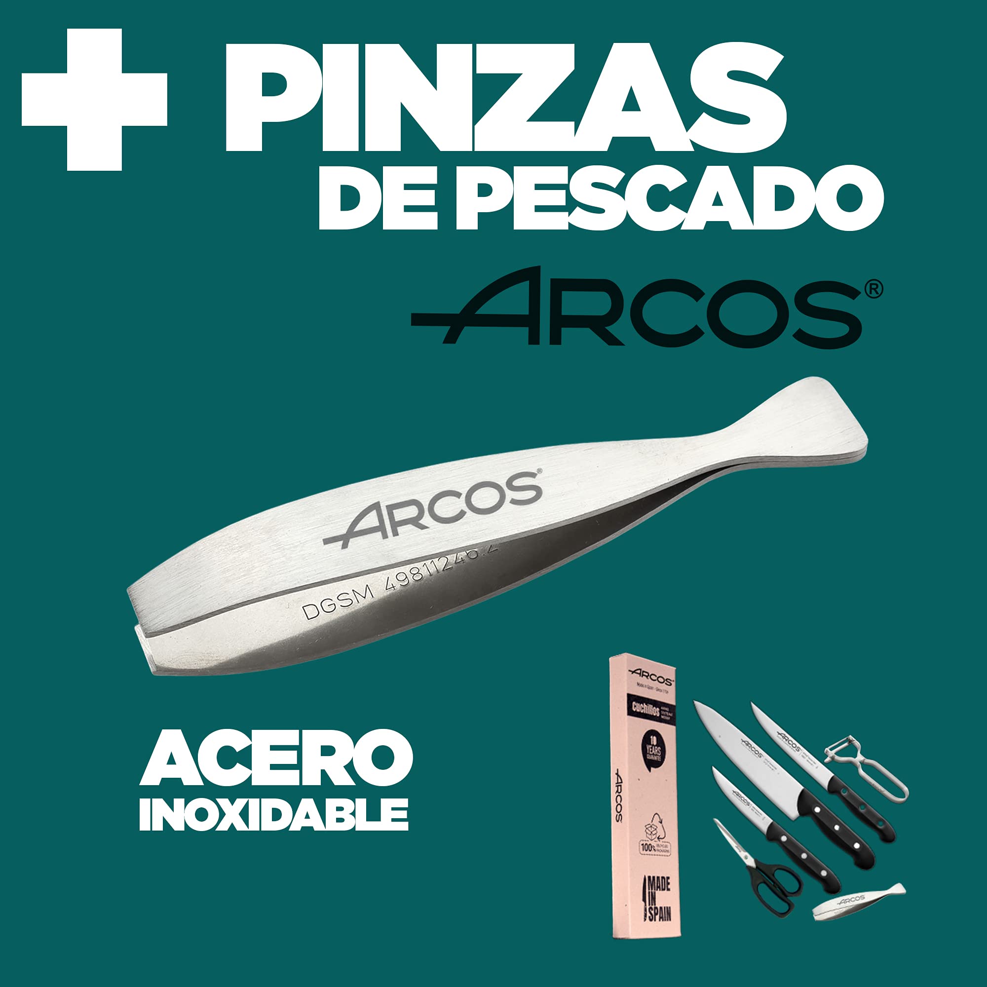 Arcos Juego Cuchillos Cocina cuchillos | Cuchillo profesional | 6 piezas | Chef 215 mm + Cocina 150 mm, Verduras 100 mm + Tijera cocina + Pelador de fruta y verdura + Pinza para pescado
