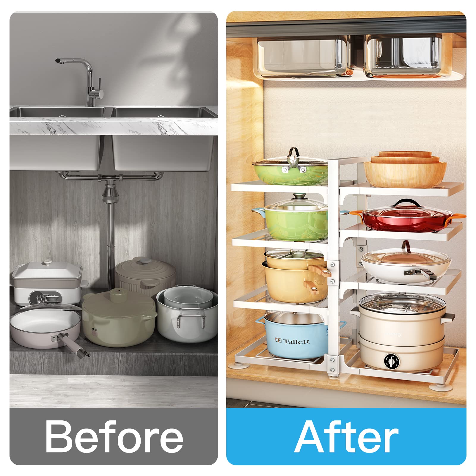 PXRACK Pots and Pans Organizer for Cabinet, Adjustable Pan Organizer Rack for Under Cabinet, Pot Organizer for Kitchen Organization & Storage, Rustproof Pot Lid Organizer, Square (White 8-Tier)