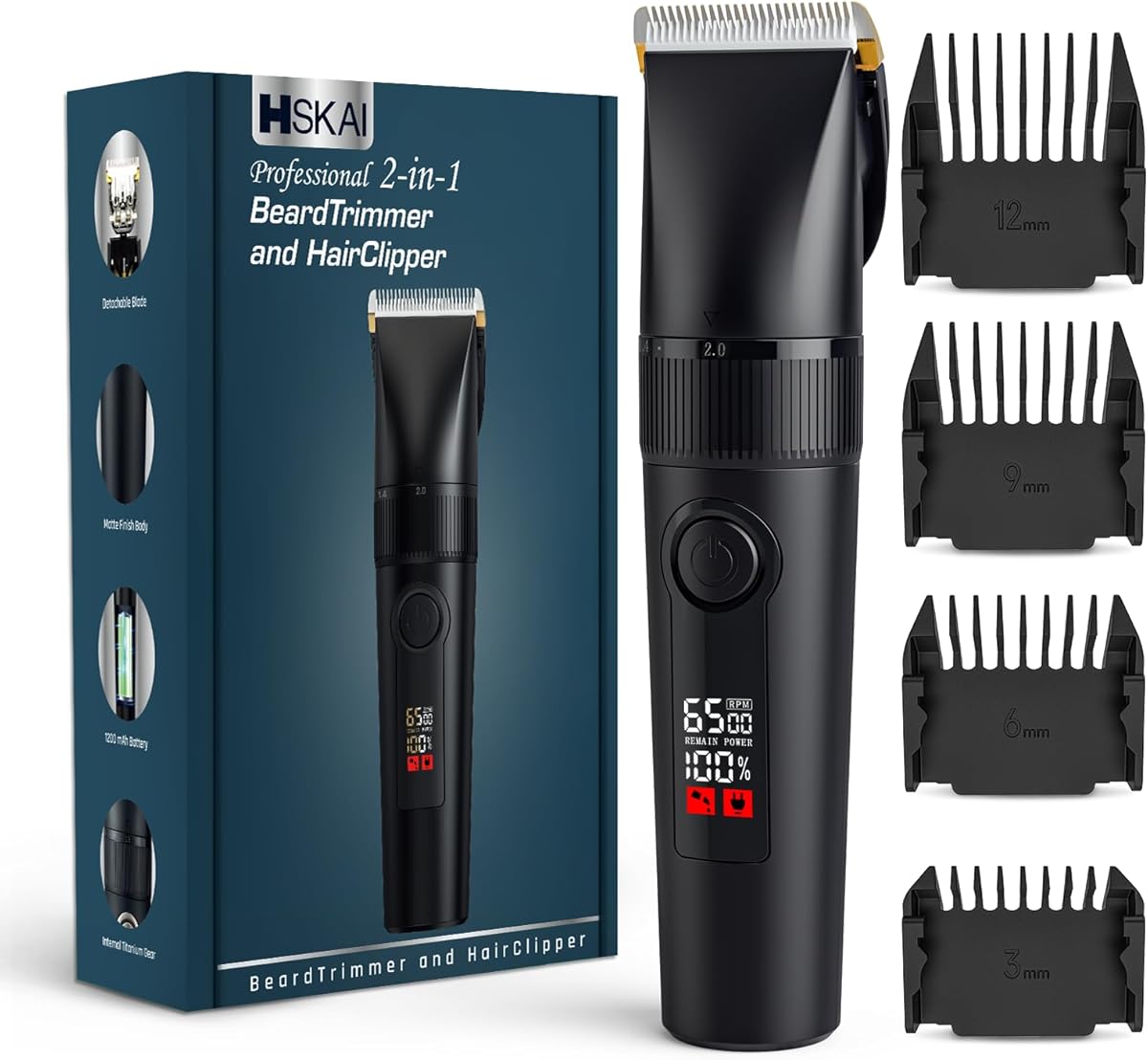 2-in-1 Beard Trimmer and Hair Clipper for Men,Detachable Ceramic-Titanium Blade Shaver with 9 Length Settings and Non-Slip Matte Grip