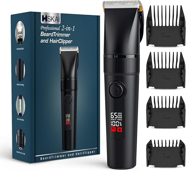 HSKAI 2-in-1 Profi Haarschneider & Barttrimmer für Herren – Elektrischer Rasierer für Gesicht, Kopf und Körper mit abnehmbaren Keramik-Titan-Klingen, 9 Längeneinstellungen & rutschfestem Mattgriff