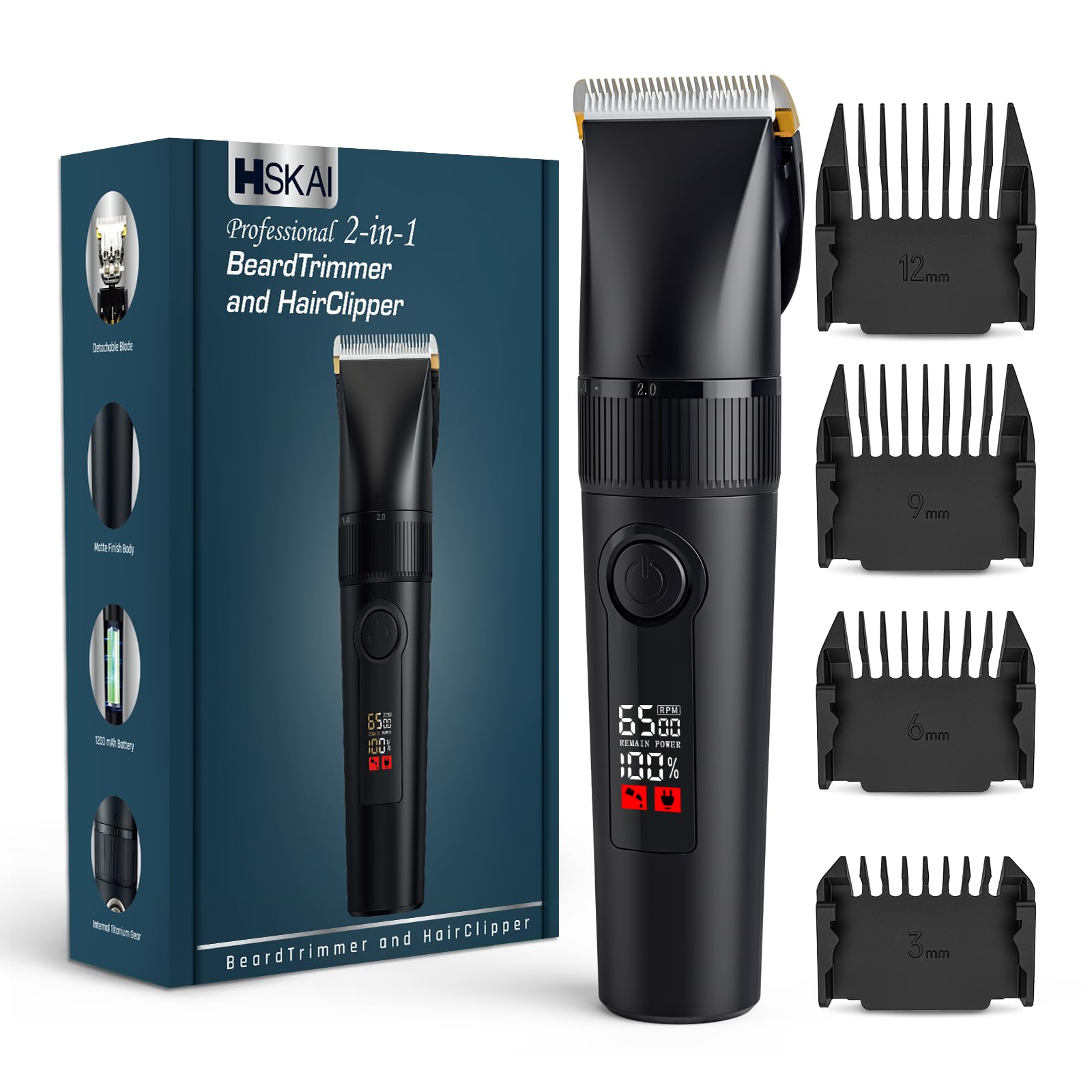 HSKAI 2-in-1 Profi Haarschneider & Barttrimmer für Herren – Elektrischer Rasierer für Gesicht, Kopf und Körper mit abnehmbaren Keramik-Titan-Klingen, 9 Längeneinstellungen & rutschfestem Mattgriff