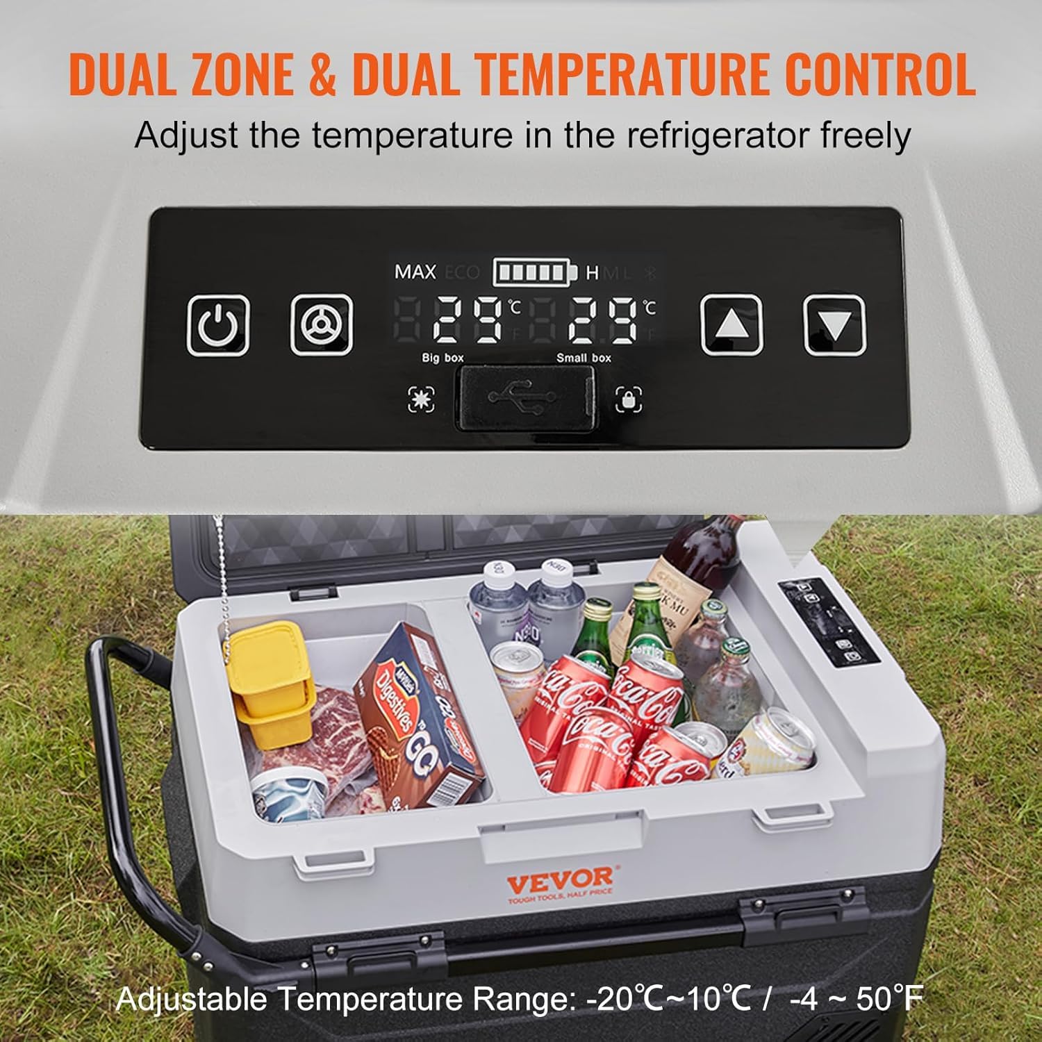 VEVOR Frigo Portatile per Auto, 53 Litri Frigorifero Compressore Congelatore Elettrico CC e CA per Campeggio con Manico Telescopico e Ruote 0,6kW.h da -20°C a 10°C Regolabile per Auto Camion Barca