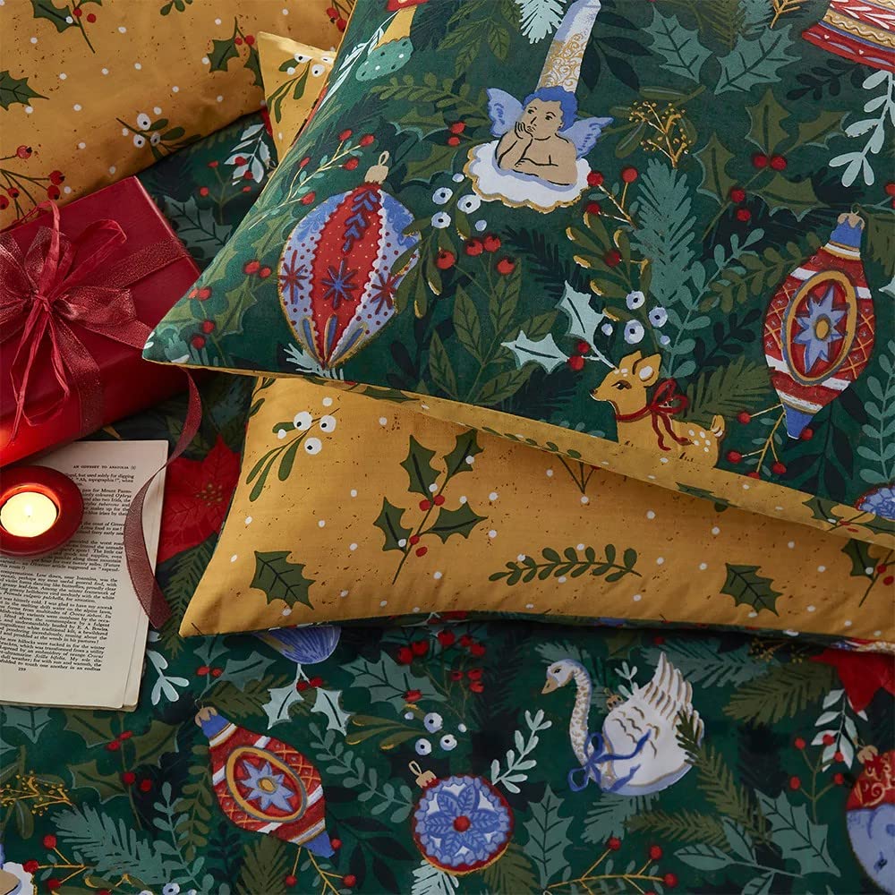 furn. Deck The Halls Single Duvet Cover Set - Green - Polycotton - Festive Christmas Design