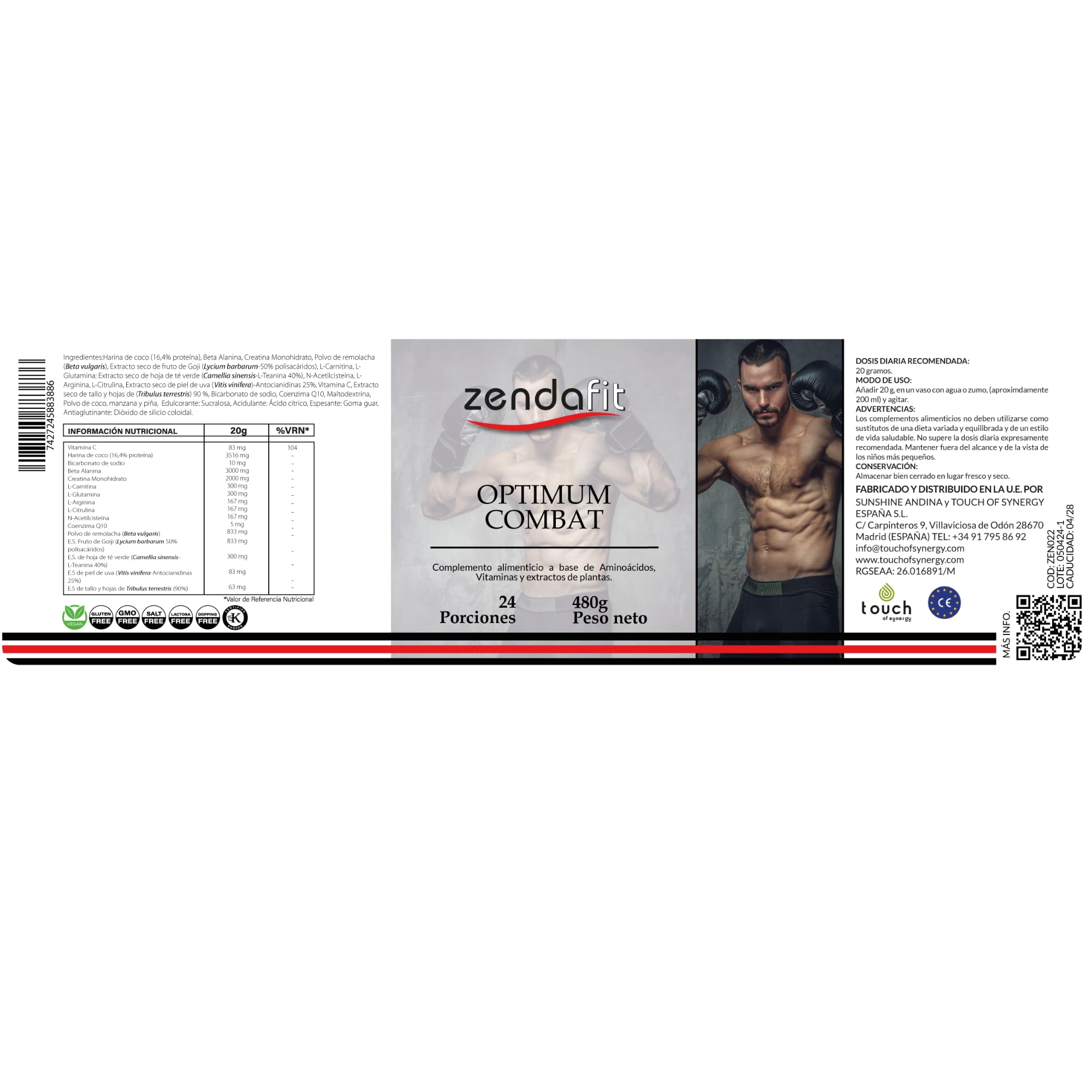 ZENDAFIT - Optimum Combat - 480 Gramos - Fórmula Inmunitaria con Vitamina C, Zinc, Equinácea y Propóleo - Refuerza las Defensas Naturales y la Salud Respiratoria