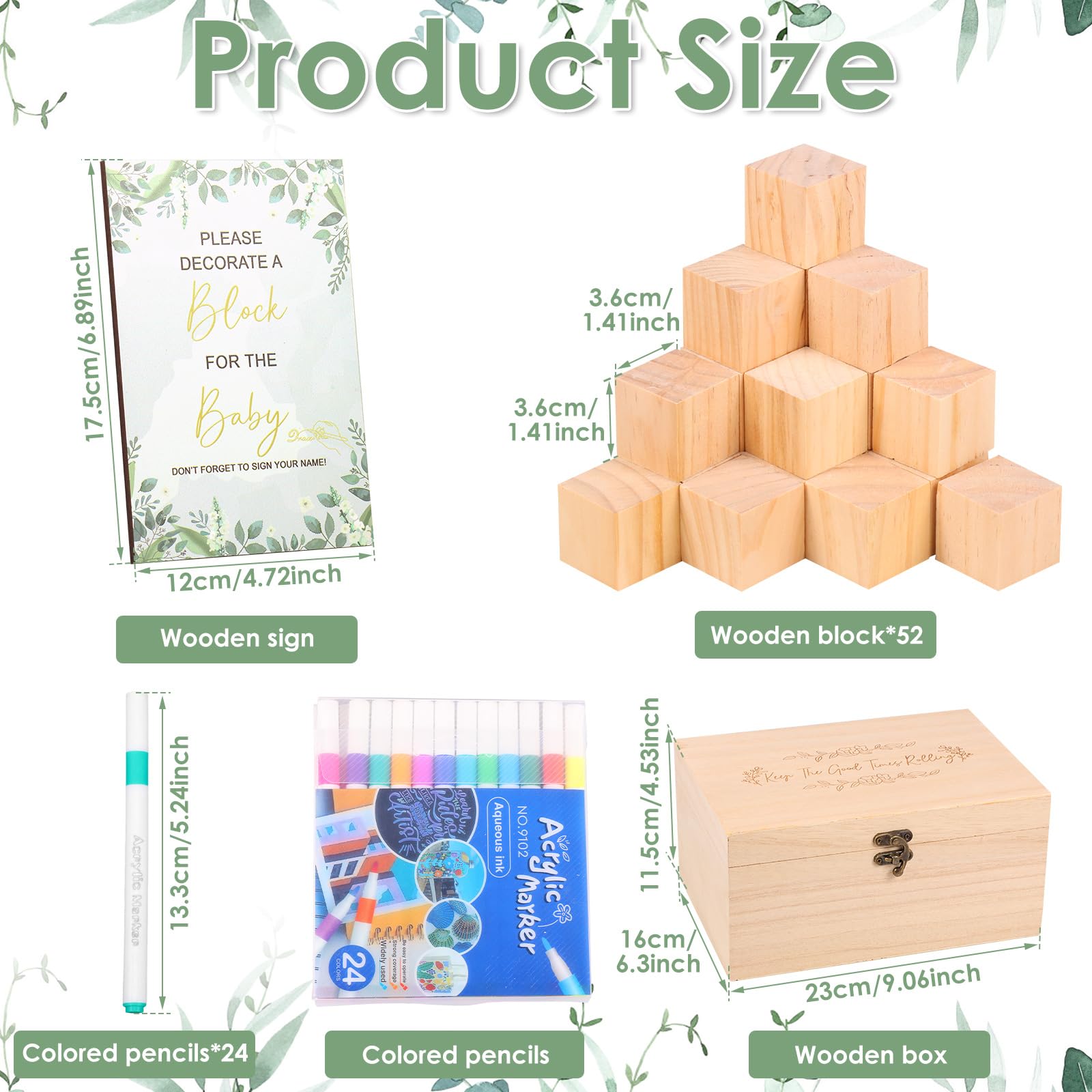 Zestaw 78 sztuk klocków na baby shower, do malowania baby shower, zabawy z długopisami, drewnianymi klockami, tabliczkami i drewnianymi pudełkami, na baby shower i imprezy dla płci (kolor naturalnego