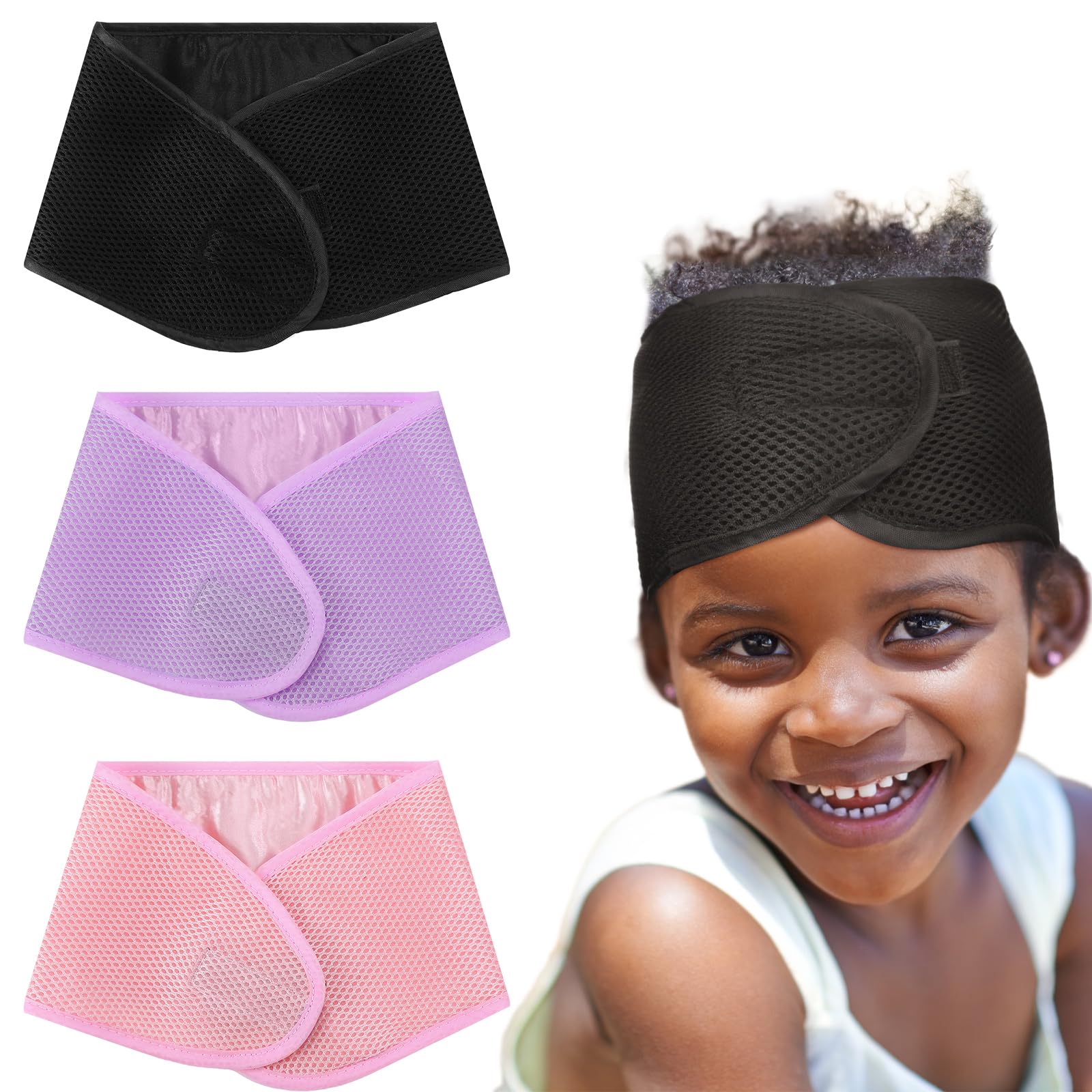 3 Pcs Kids Satin Lined Mesh Wrap Adjustable Size Sleeping Head Wrap for Kid Girl Christmas Sleeping Cap Scarf Gifts Spa Hair Wash Face with Headbands for Long Short Hair(Black, Purple, Pink)